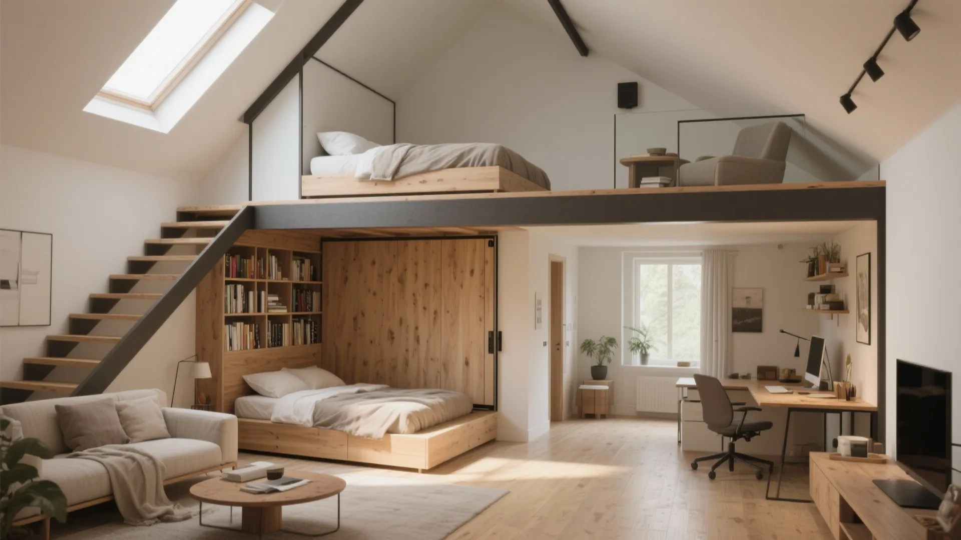 Interior design drawing showing loft bed over desk area and bookshelf in small studio apartment space