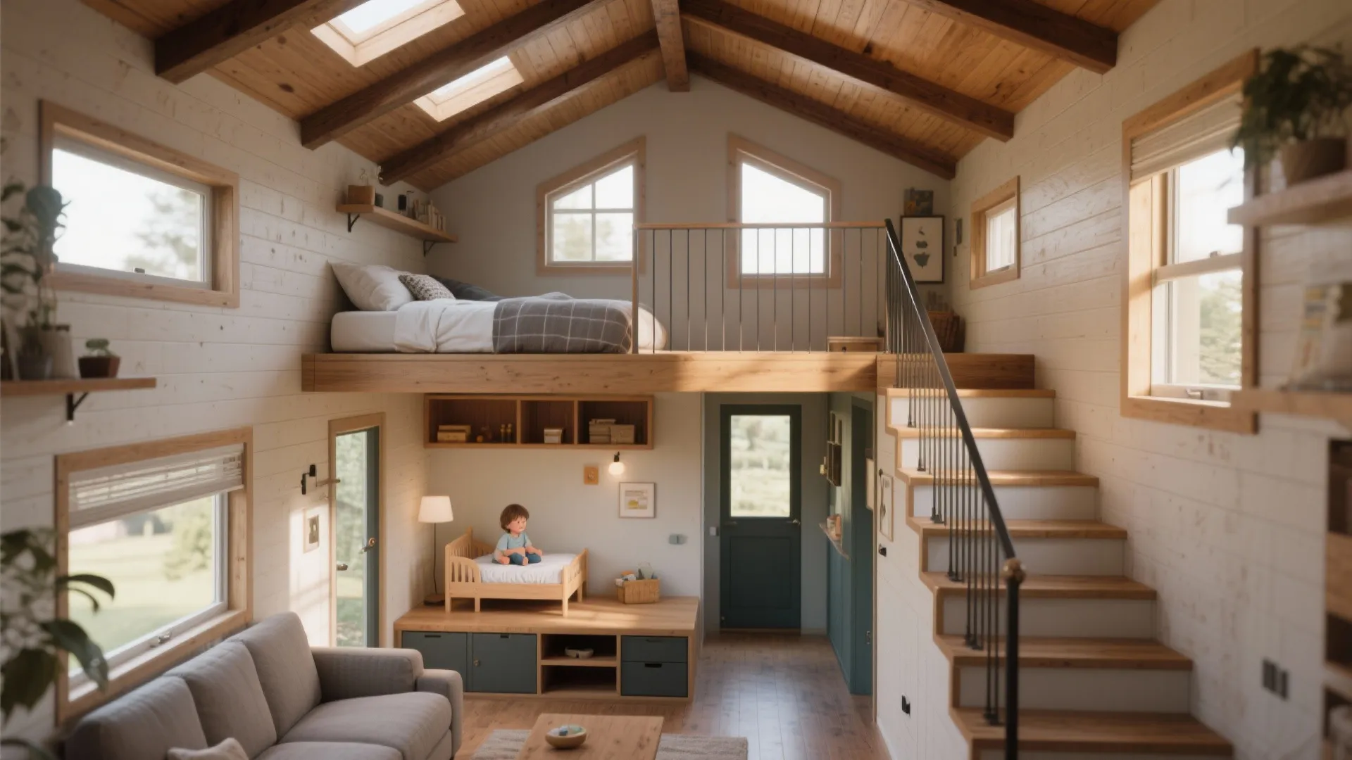 Split-level tiny home with loft bedroom above living area and alternating-tread stairs.