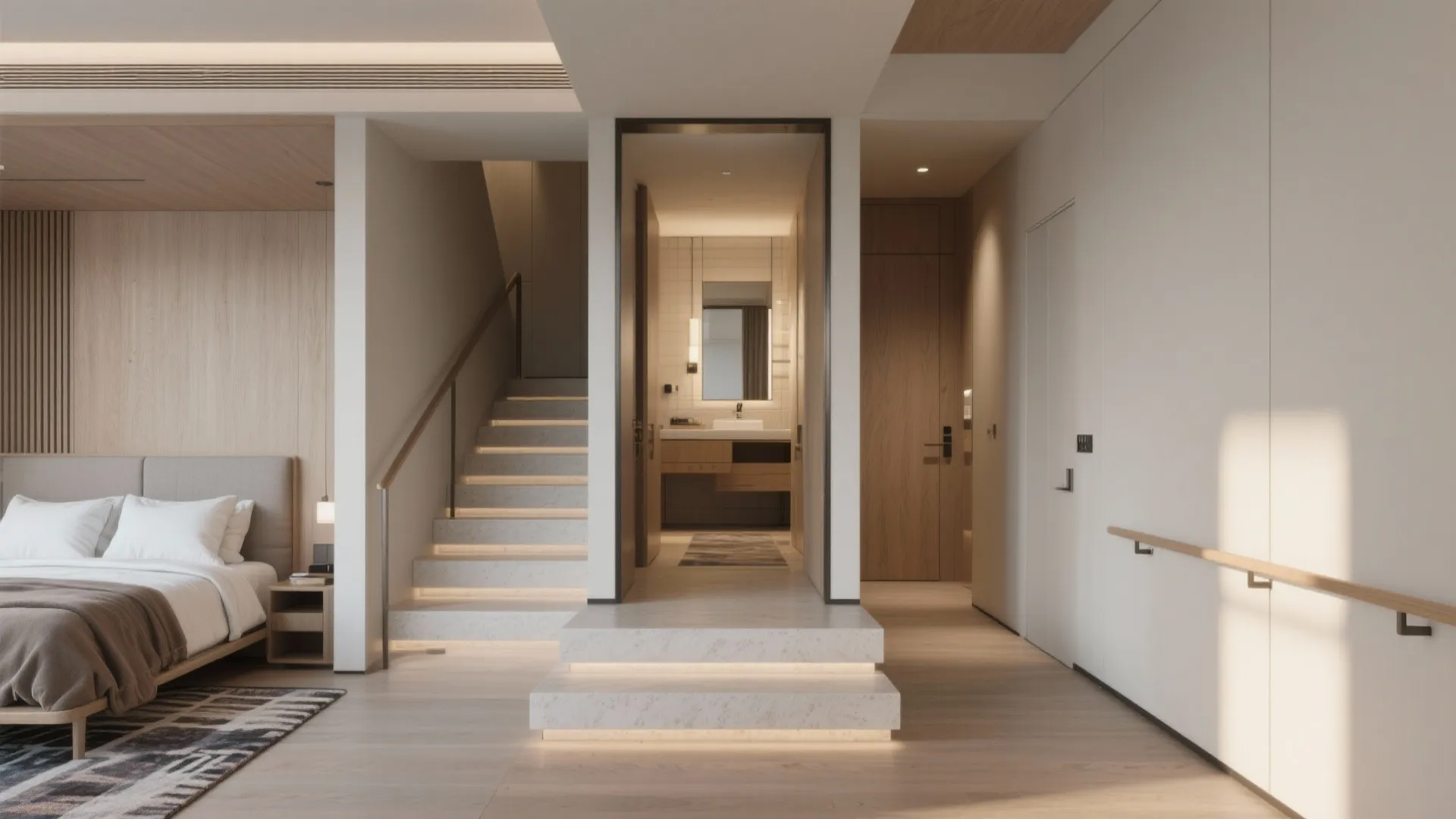 Short split-level master suite entrance creating privacy and a hotel-like retreat with efficient circulation.