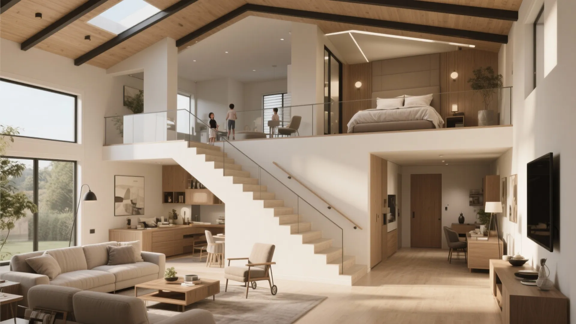 Semi-private split-level master suite overlooking the main living area with accessible steps and cozy furnishings.