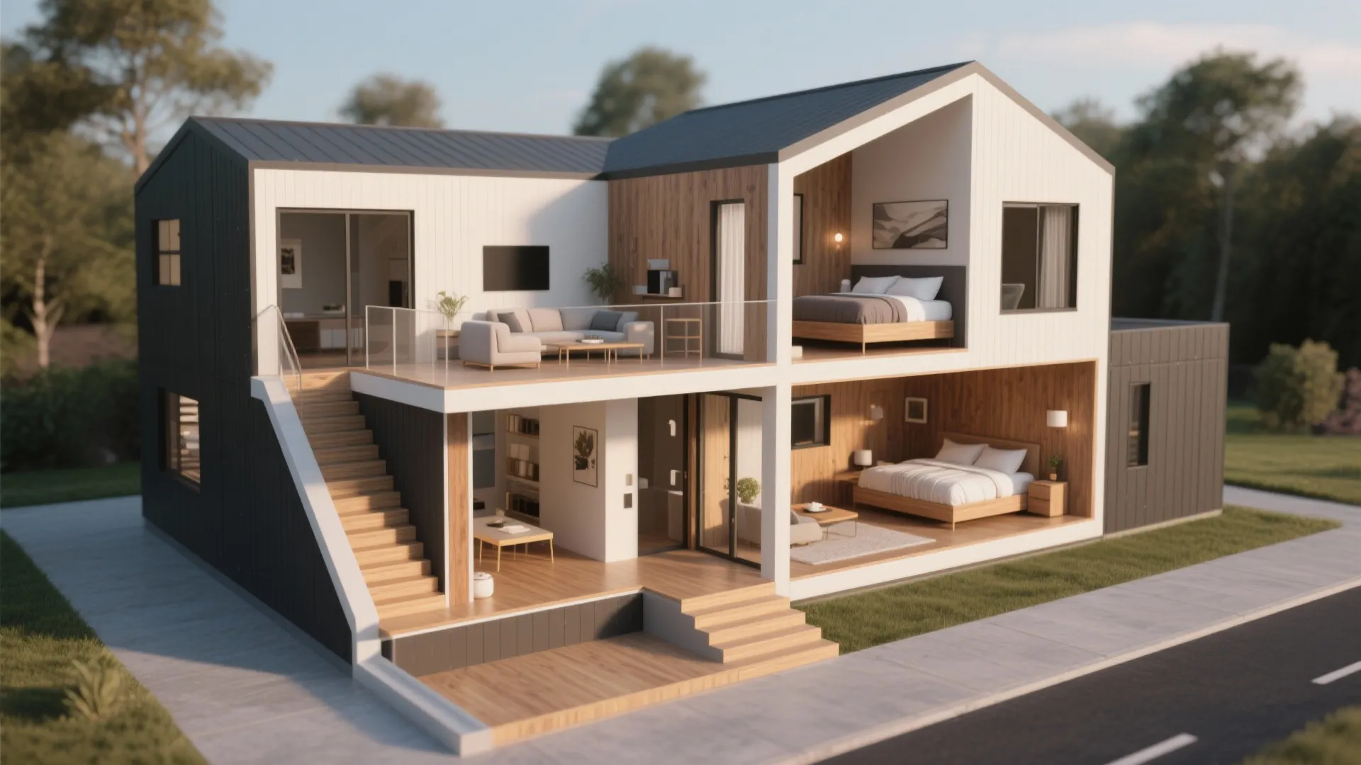 Modern two story house cutaway showing interior rooms with beds sofa stairs and wood panels