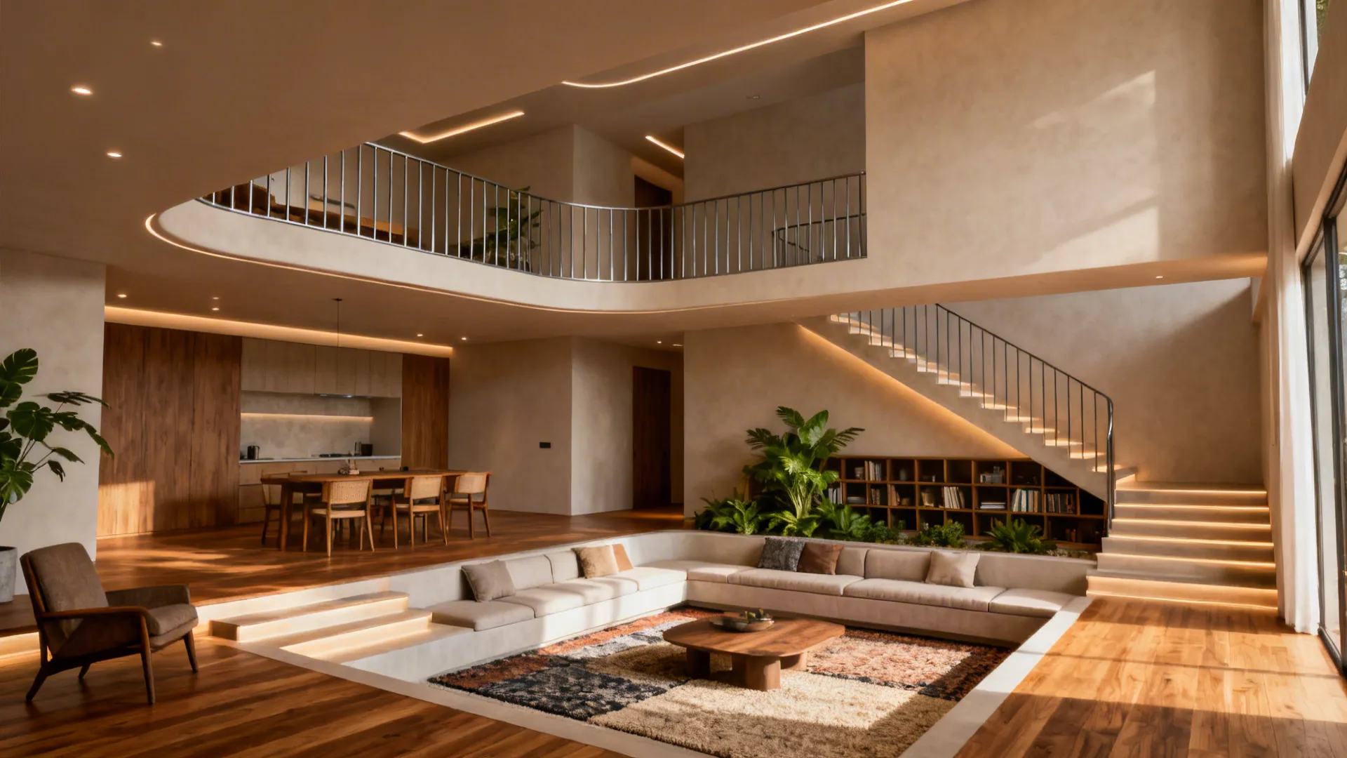 Modern interior with sunken seating area wooden floor lit stairs dining table and open kitchen