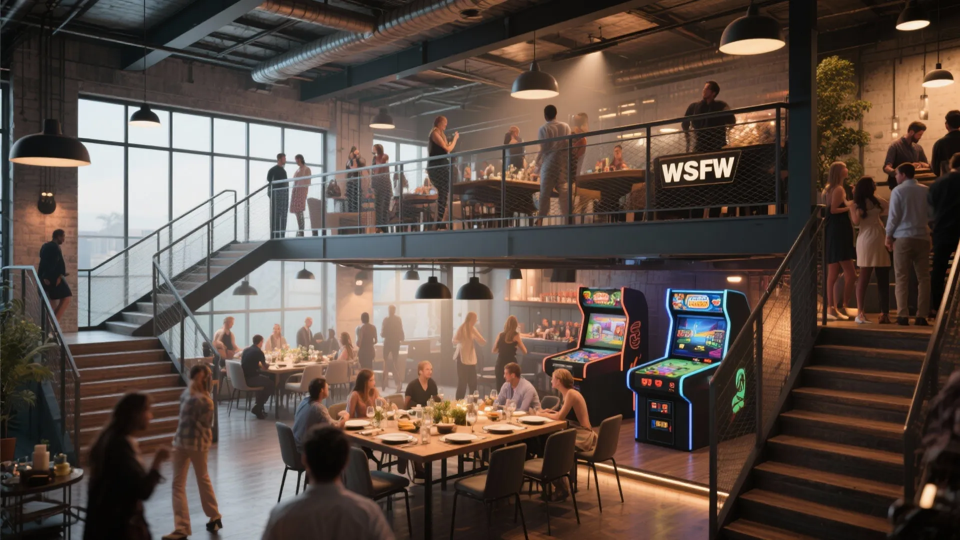 Loft party space with split-level dining and gaming areas