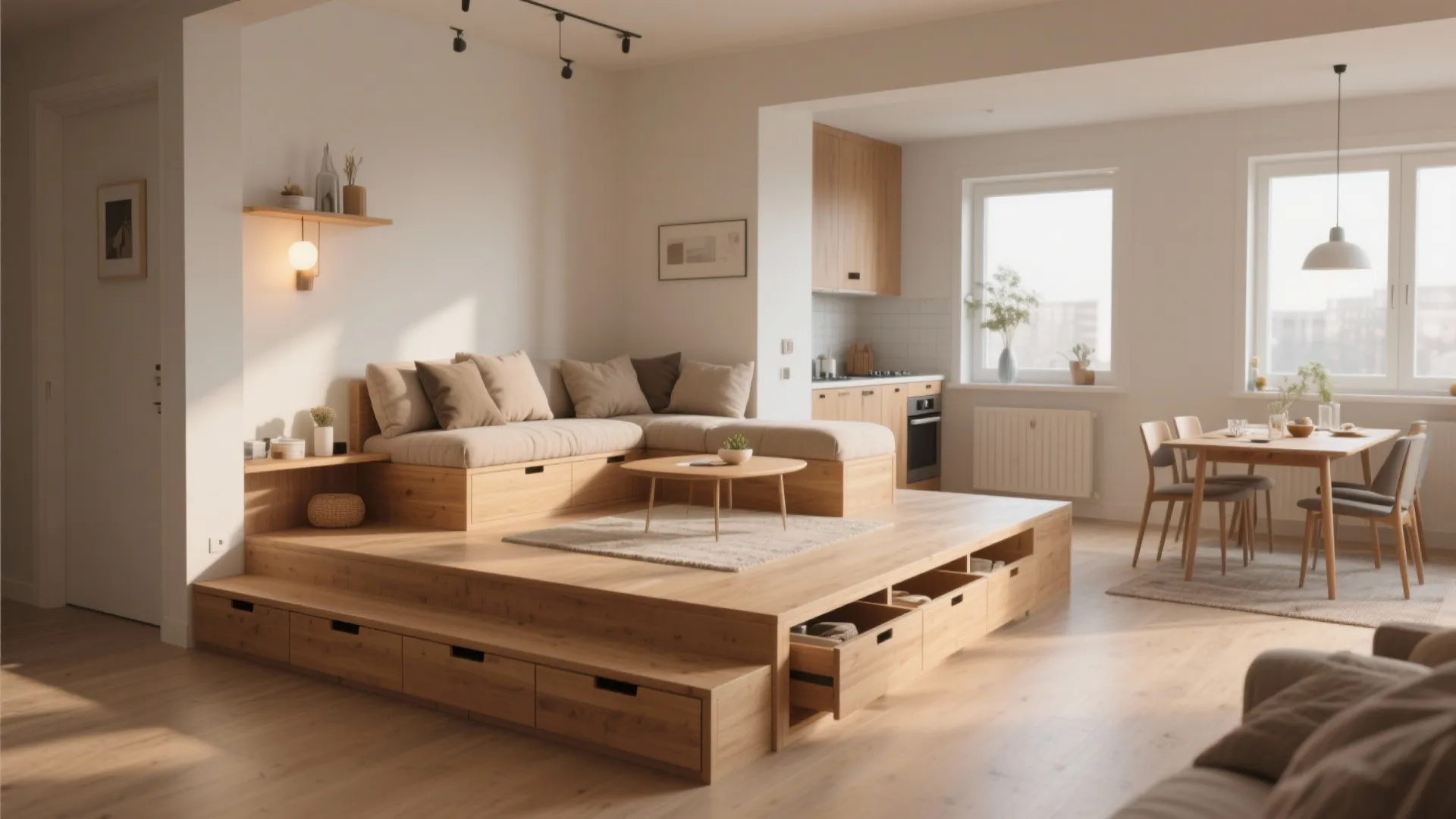 3. Split-level or platform seating to define zones