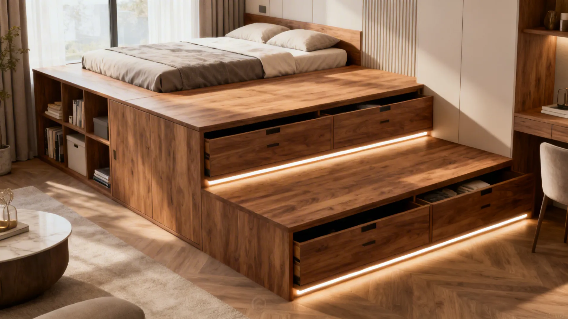 Split-level plywood platform with two staggered mattresses and concealed drawers with LED accent lighting