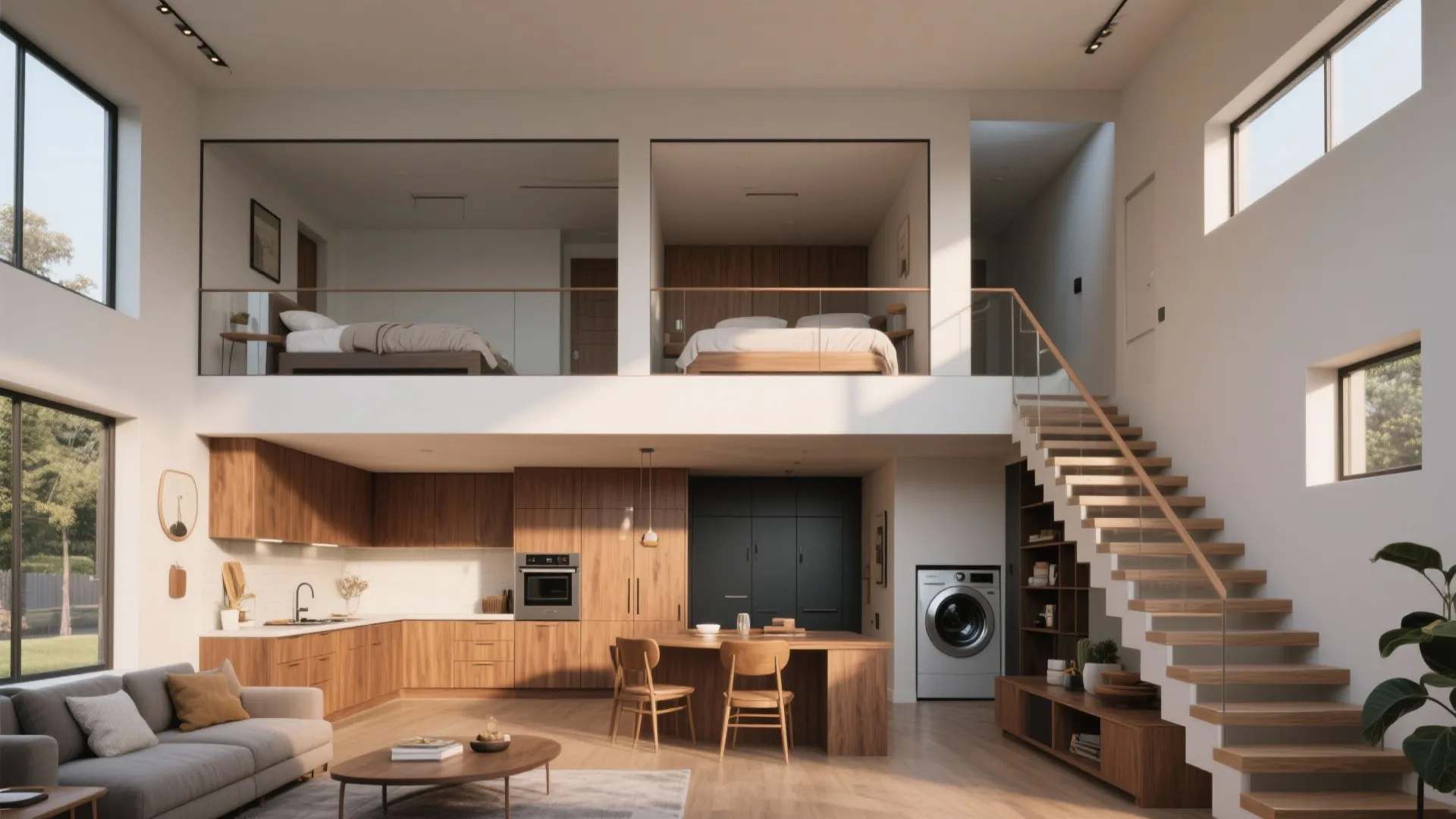 Modern open plan living room with wooden kitchen cabinets and two bedrooms on the mezzanine