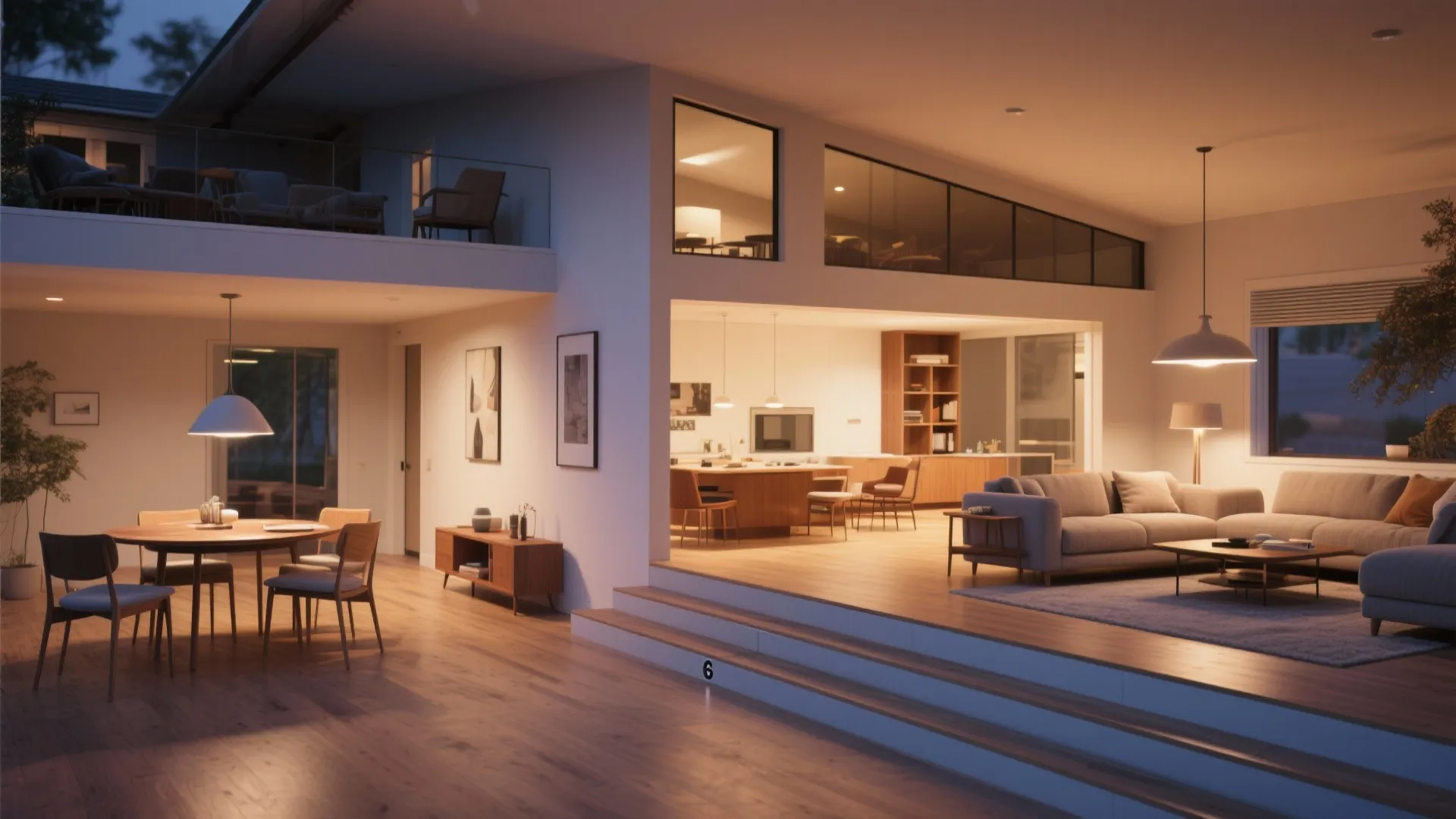 Subtle split-level in a ranch home with a low step separating living and dining zones and coordinated floor finishes.