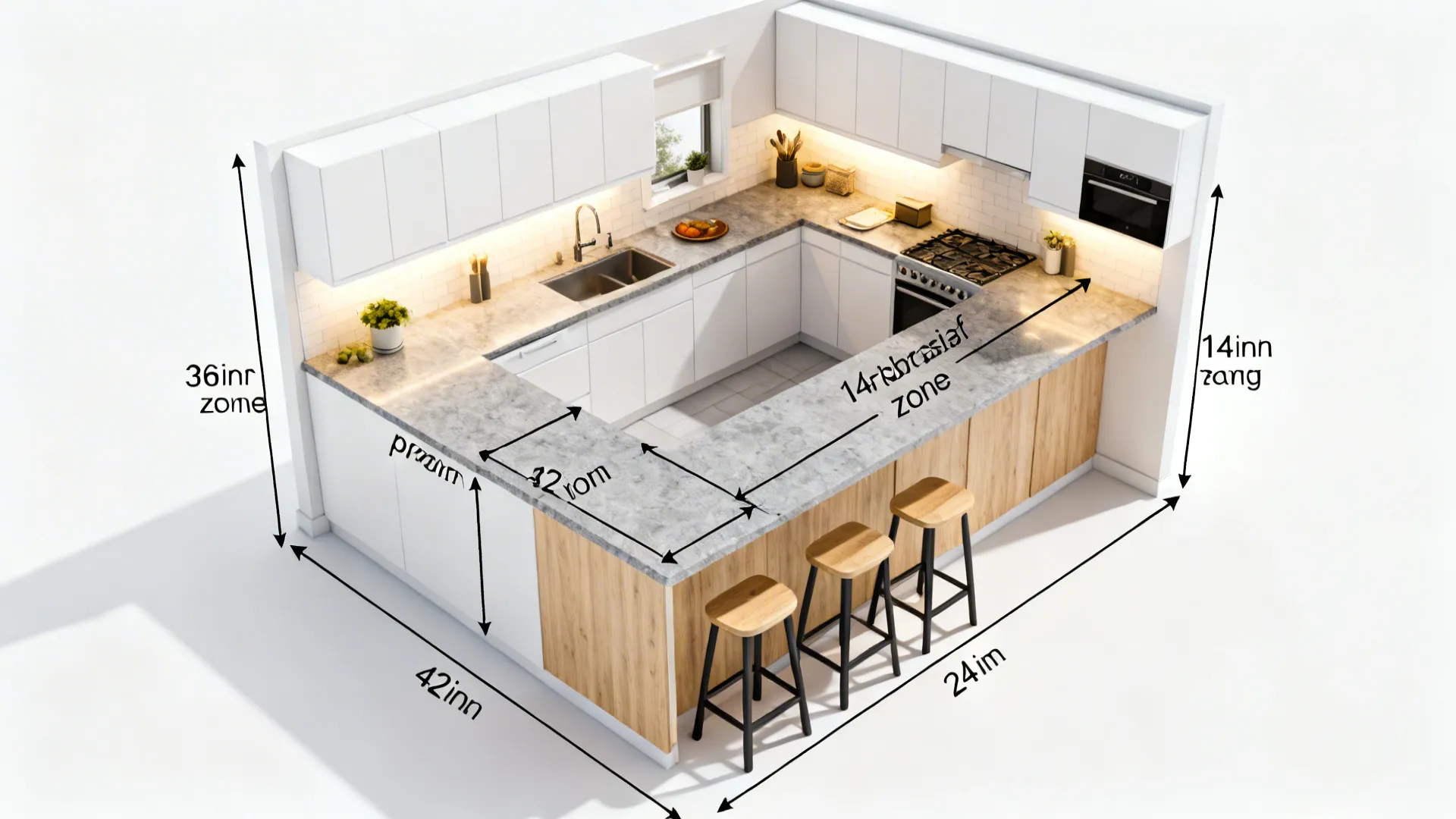 Top-down view of a split-level island plan with prep and breakfast zones in a compact kitchen.