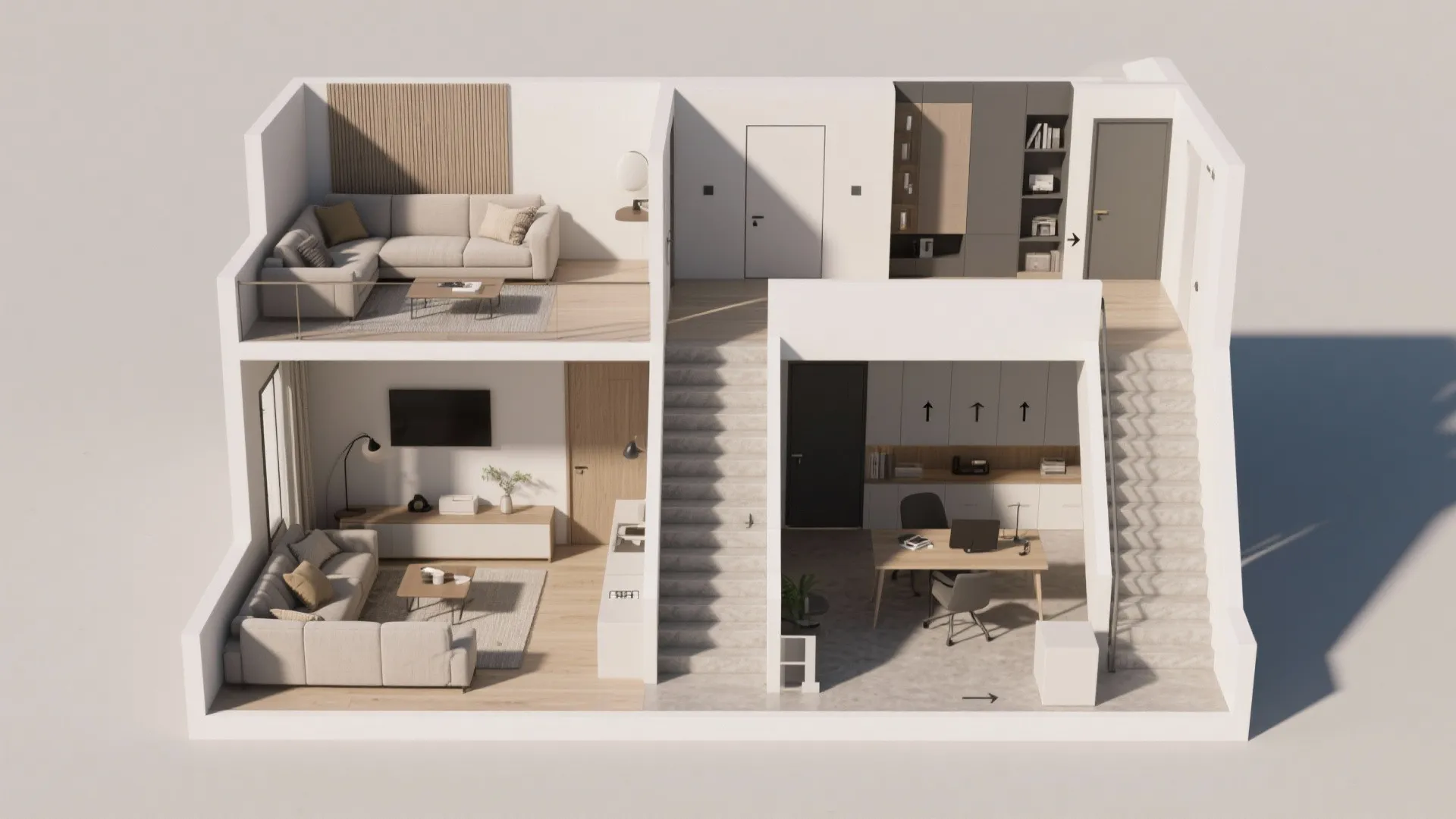 Modern split level interior design drawing showing living room office space stairs and furniture layout