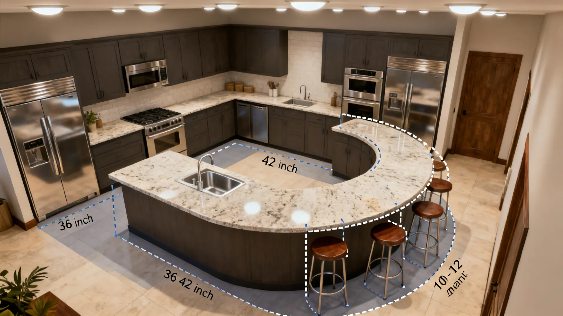 Interior design drawing of dark kitchen layout showing island seating clearance with blue measurement lines