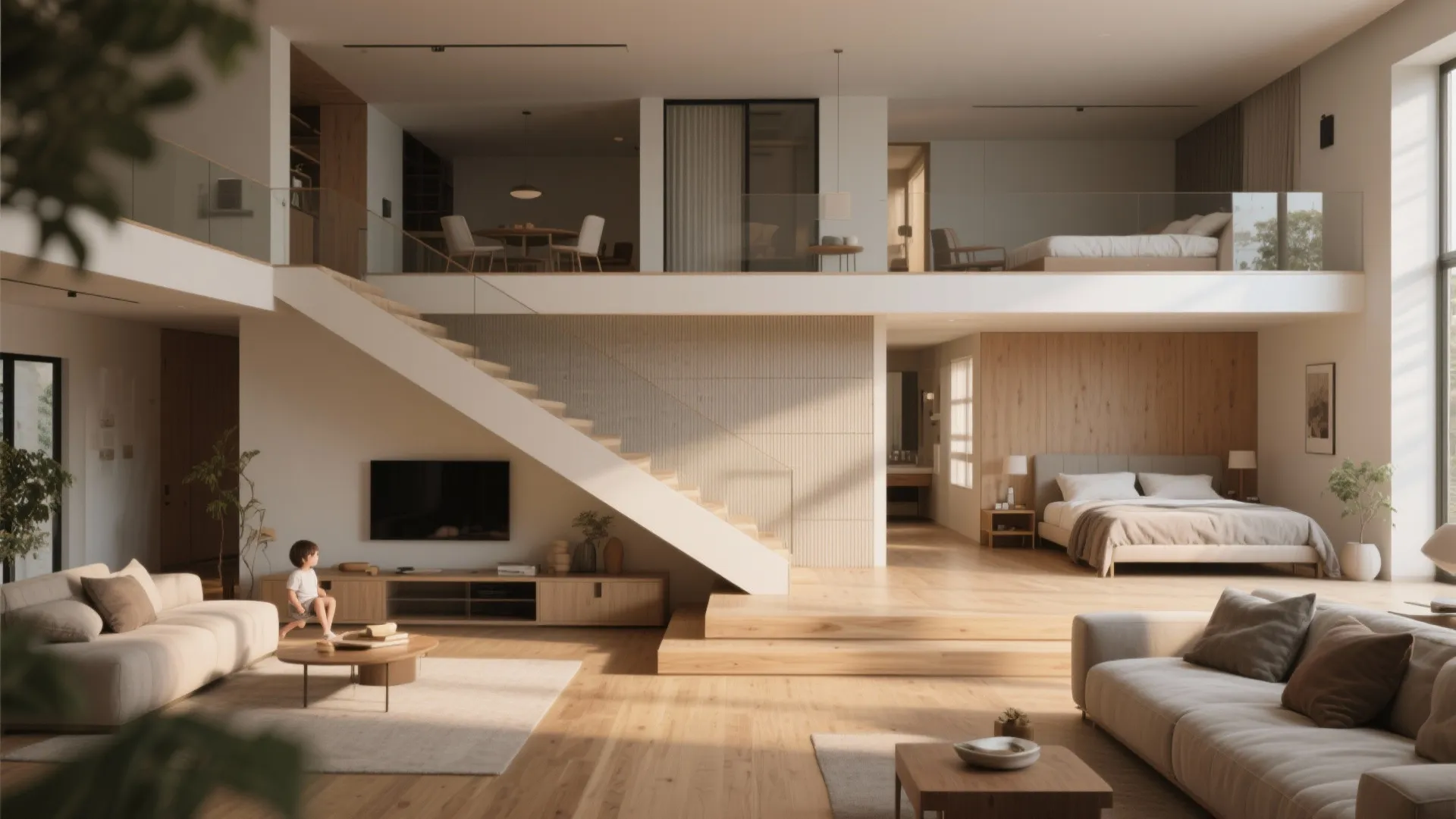 Subtle split-level interior separating active living from sleeping zones with gentle ramp