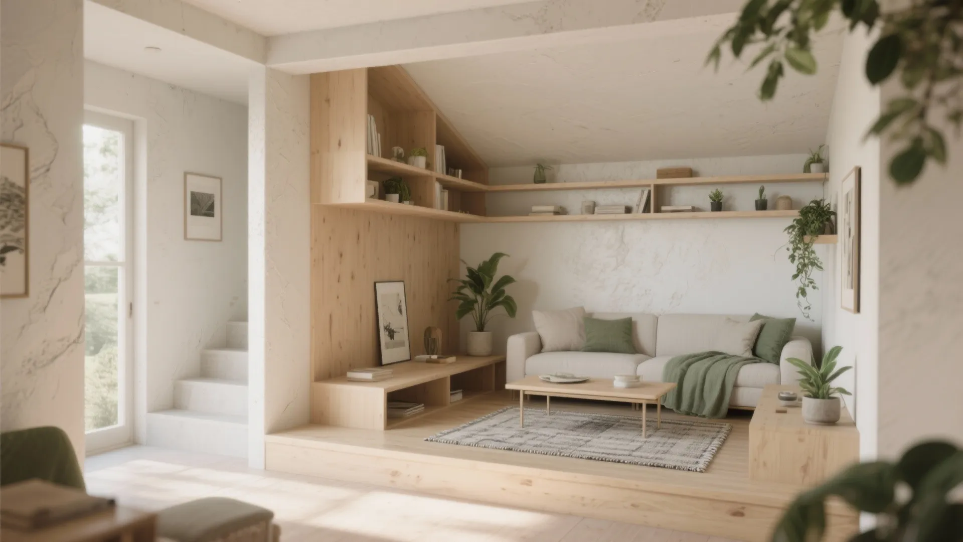 Split-level living room with a low platform and short shelf creating subtle zones and layered sightlines.