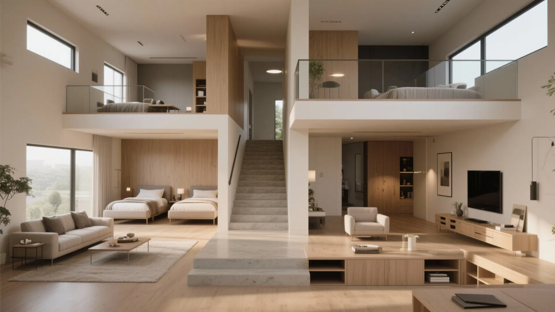 Split-level interior showing half-level changes that create distinct living and sleeping zones.