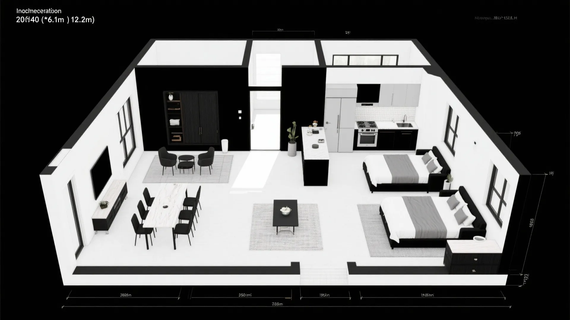 Three dimensional room layout with black walls white floor two beds kitchen area and dining table