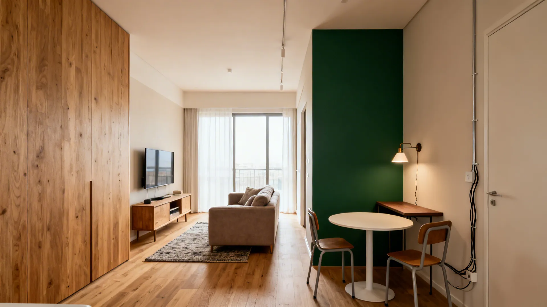 L-shaped living room divided into lounge and dining zones with a round table in the short leg.