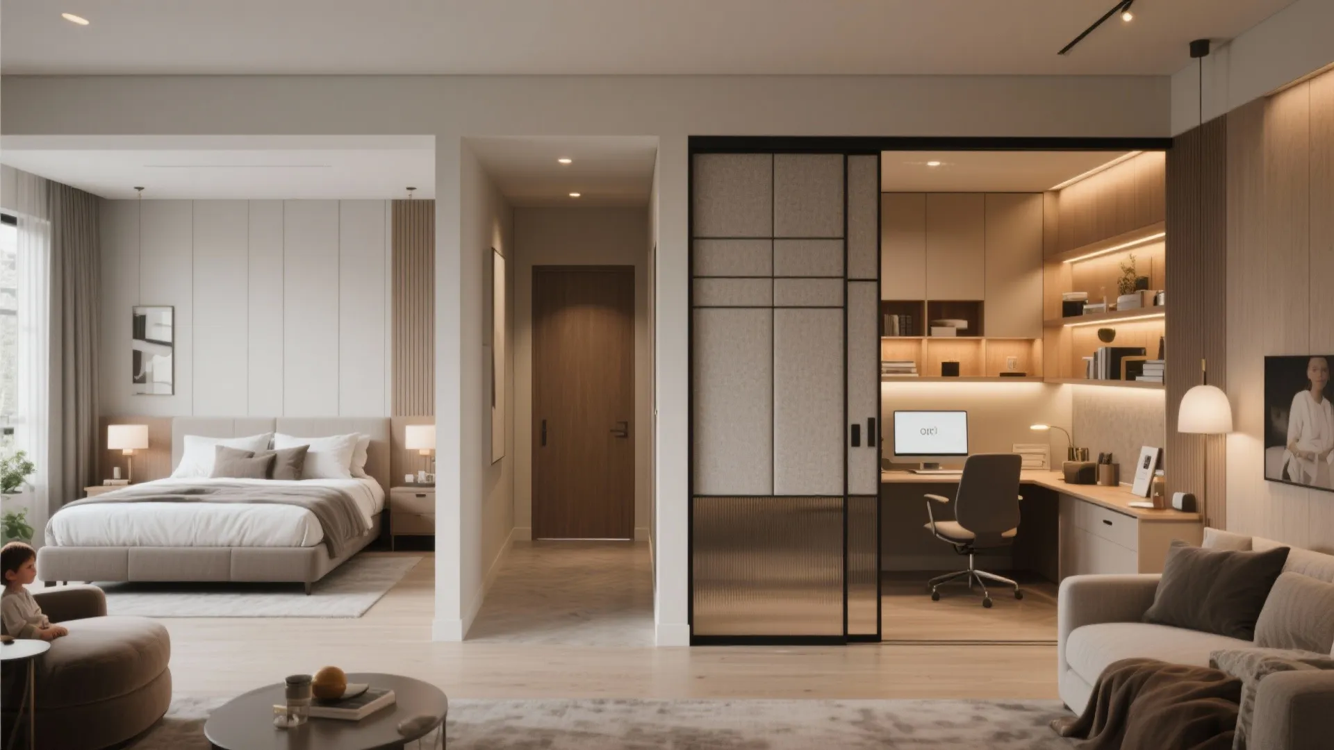 Split-master arrangement with a flexible third room used as a home office separated from other bedrooms.