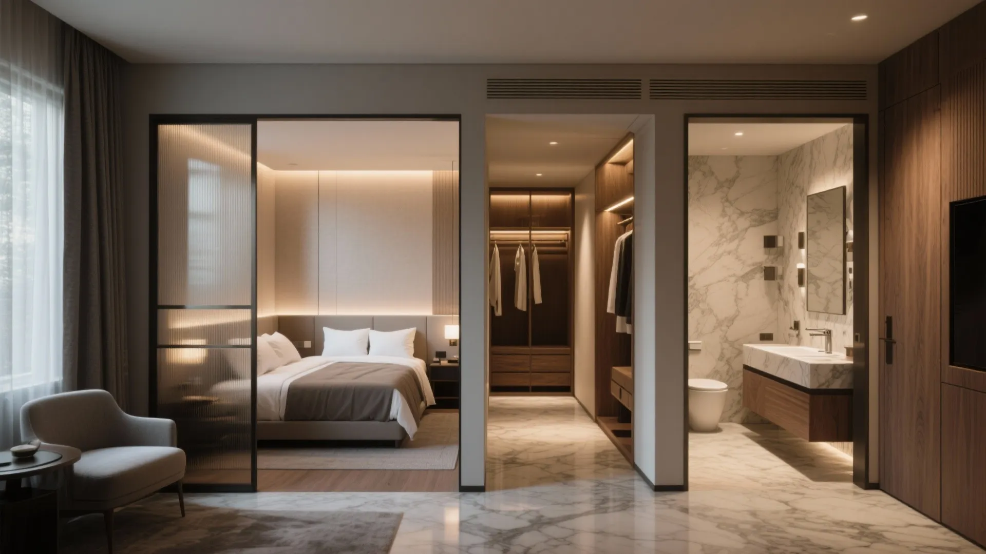 Split master suite with bedroom, closet corridor and ensuite bathroom for privacy
