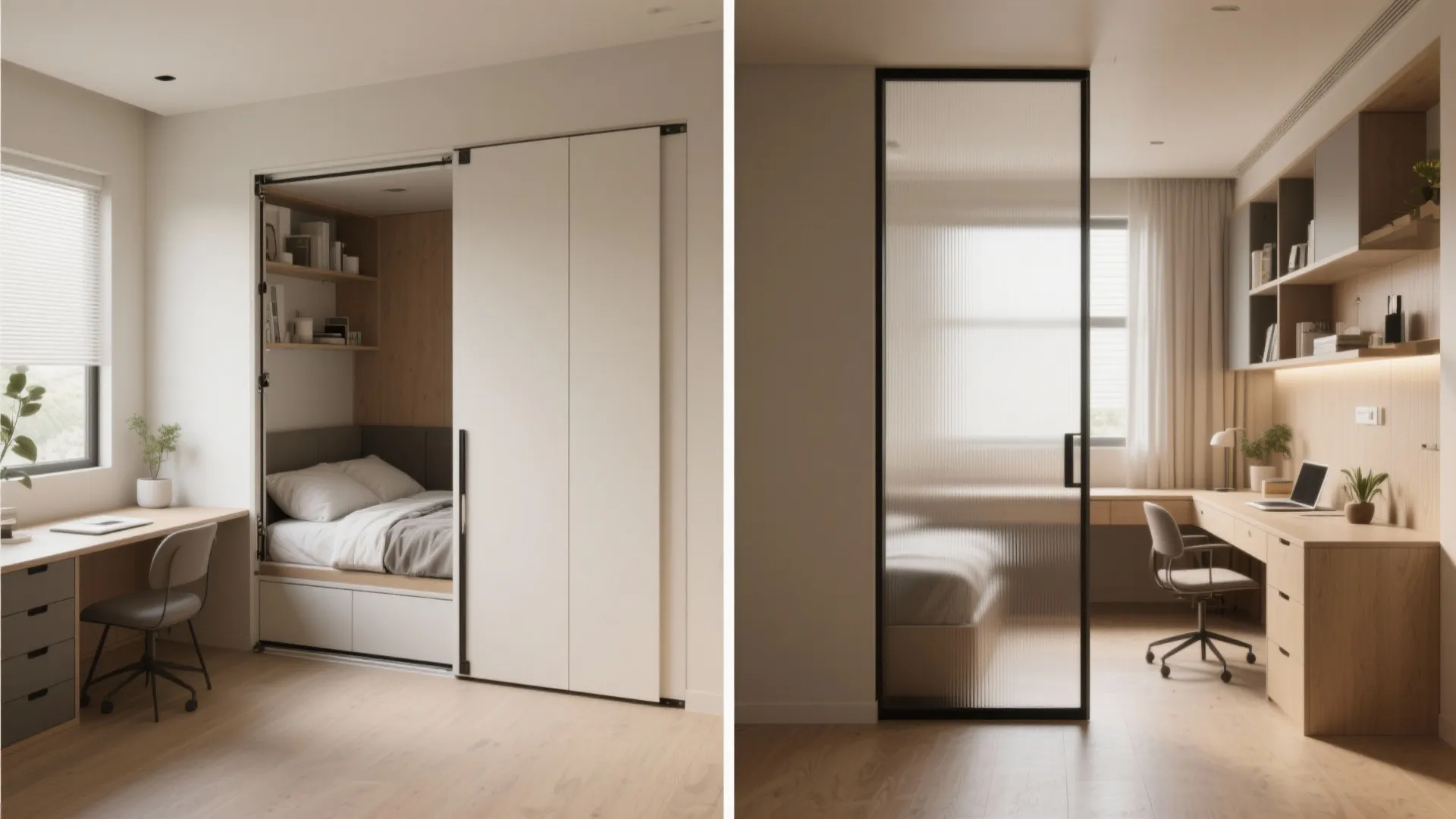Small apartment design showing a hidden bed behind white doors and a separate study desk