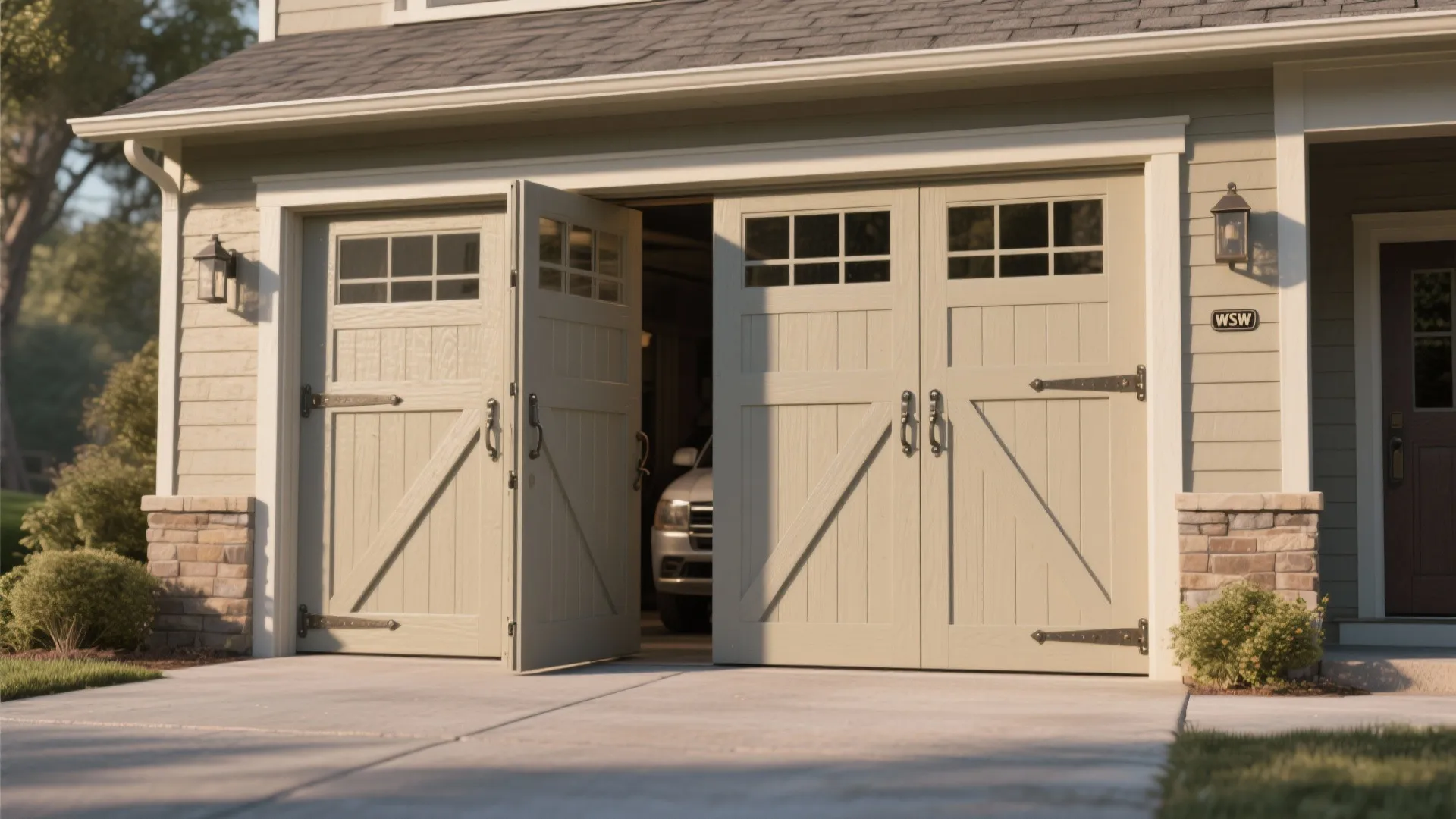 Cream colored garage door with small windows and metal handles partially opened showing a car inside