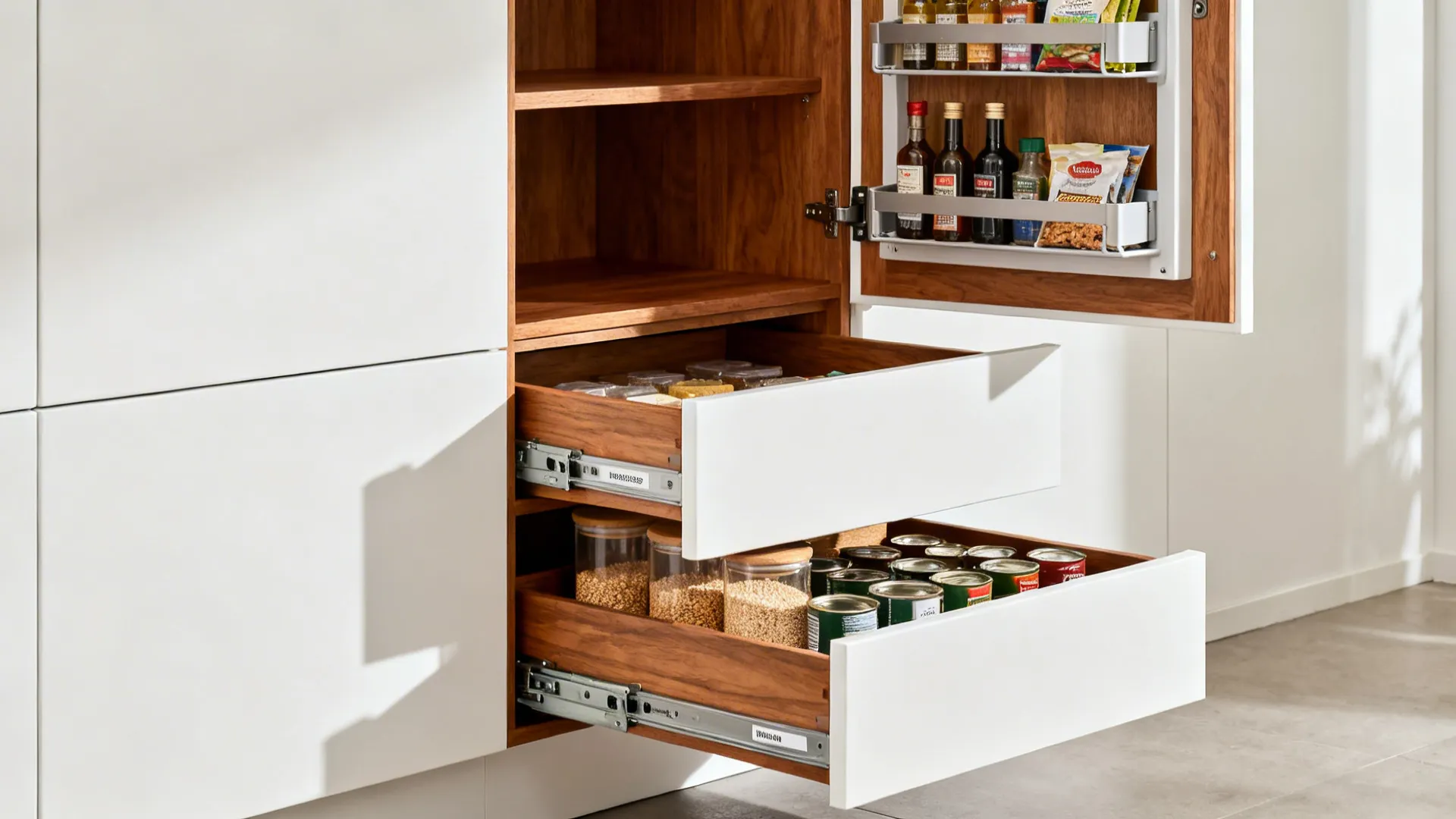 Split pantry with deep base drawers for bulk goods and an upper cabinet with a door-mounted rack.