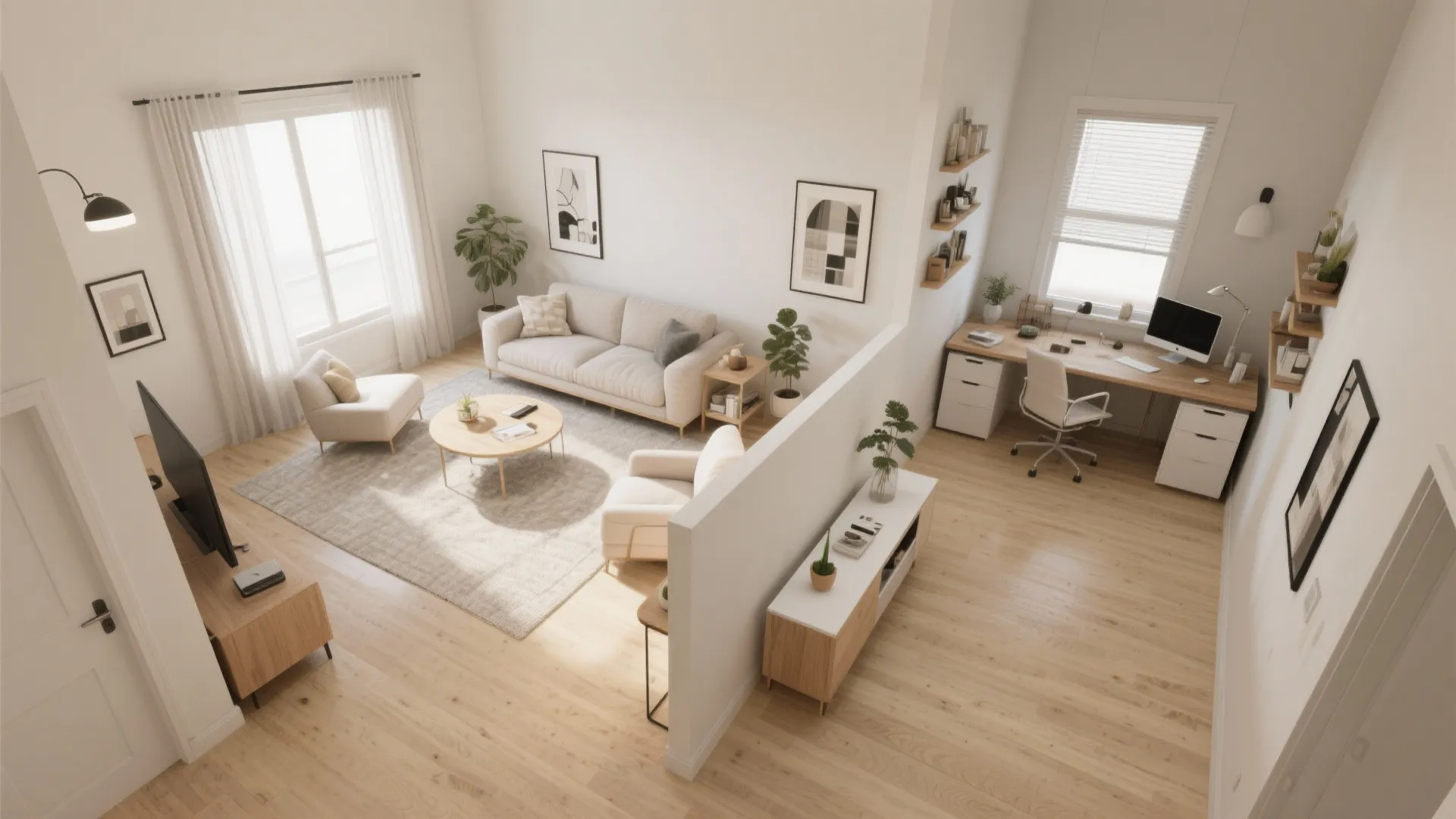 Open plan interior design drawing showing a living area and workspace with desk and sofa