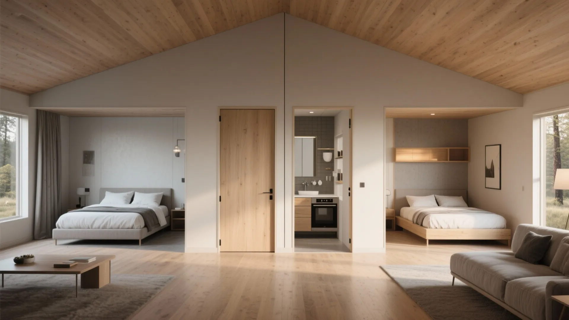 Modern cabin interior featuring two separate bedrooms and a small kitchen under a sloped ceiling