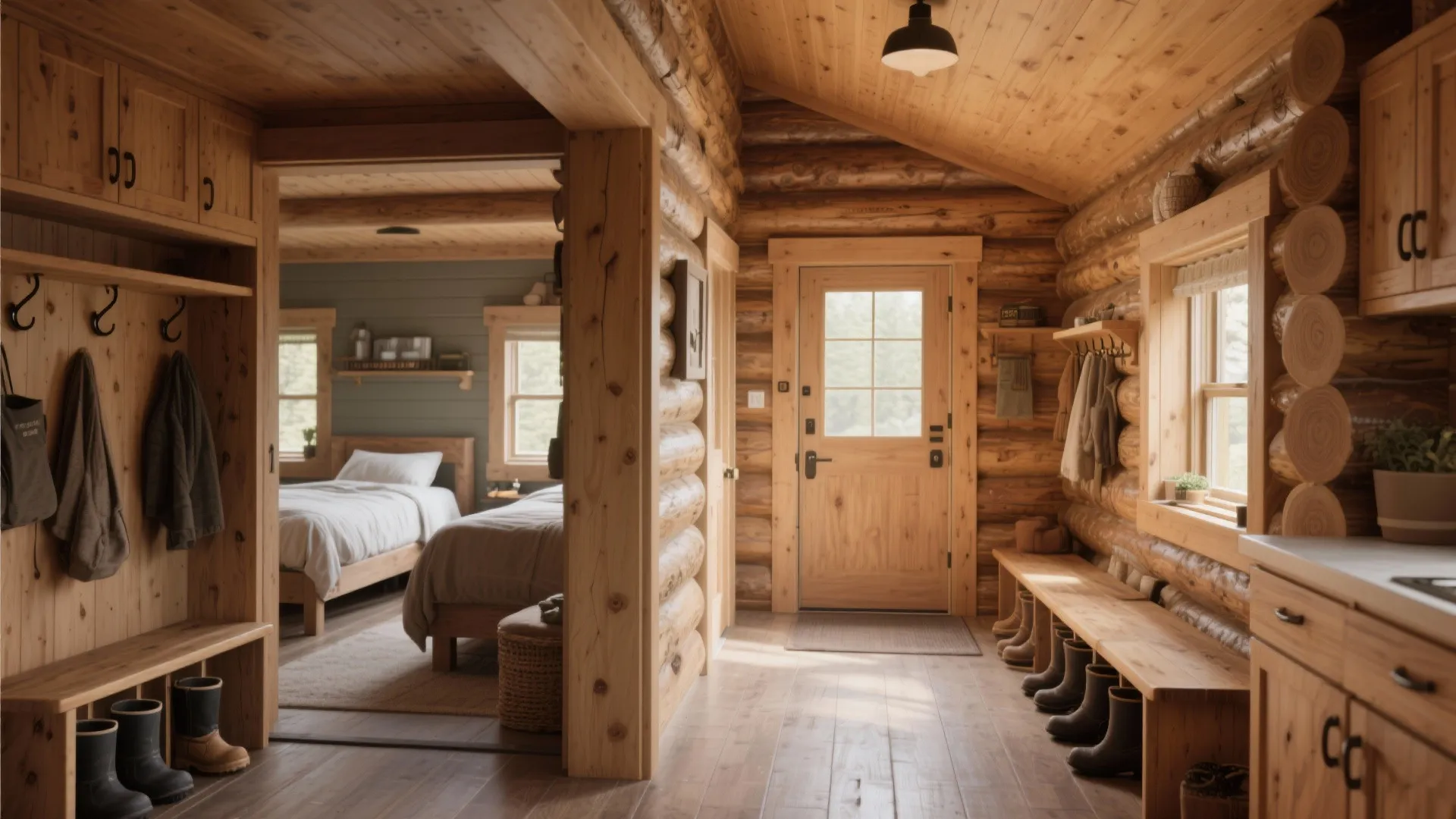 Rustic log cabin mudroom with wooden benches boots hooks and a view into the bedroom