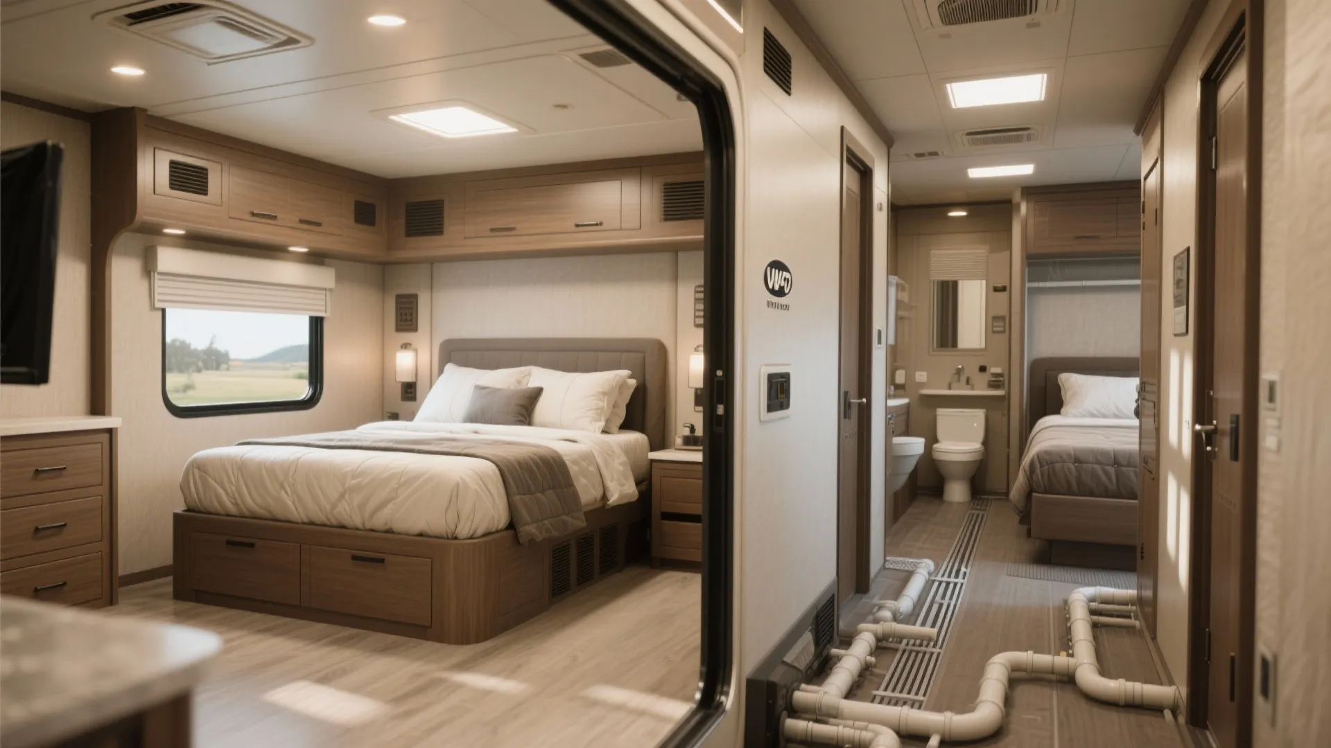 Interior view of mobile home showing two separate bedrooms with beds and a small bathroom