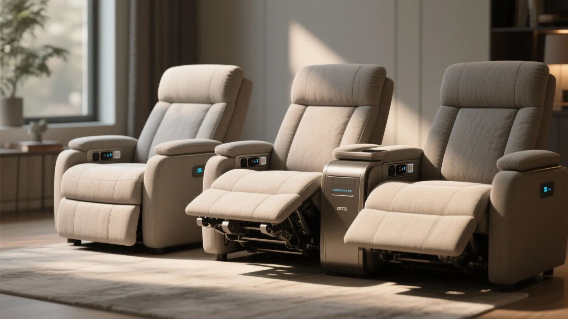 Three modern beige motorized recliner chairs standing on a rug in a bright living room