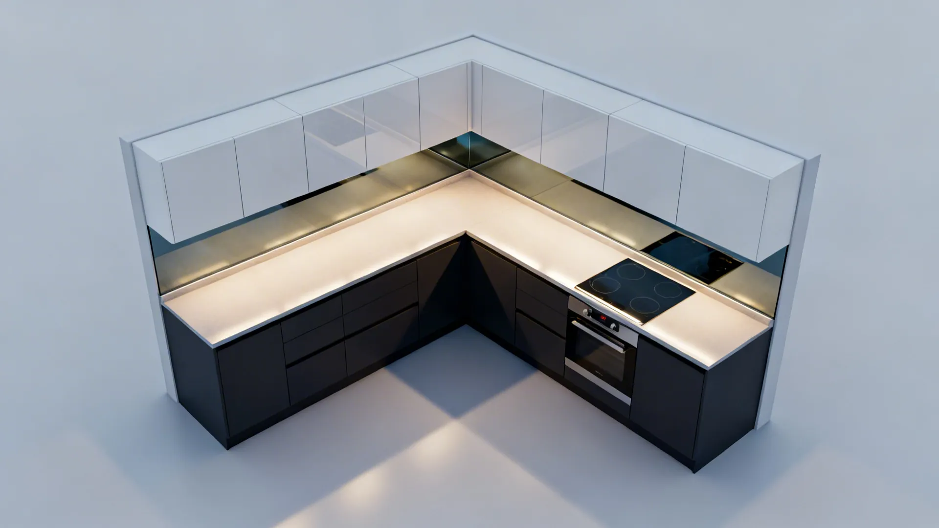 Top-down view highlighting deep lower cabinets, light uppers, and a glass backsplash.