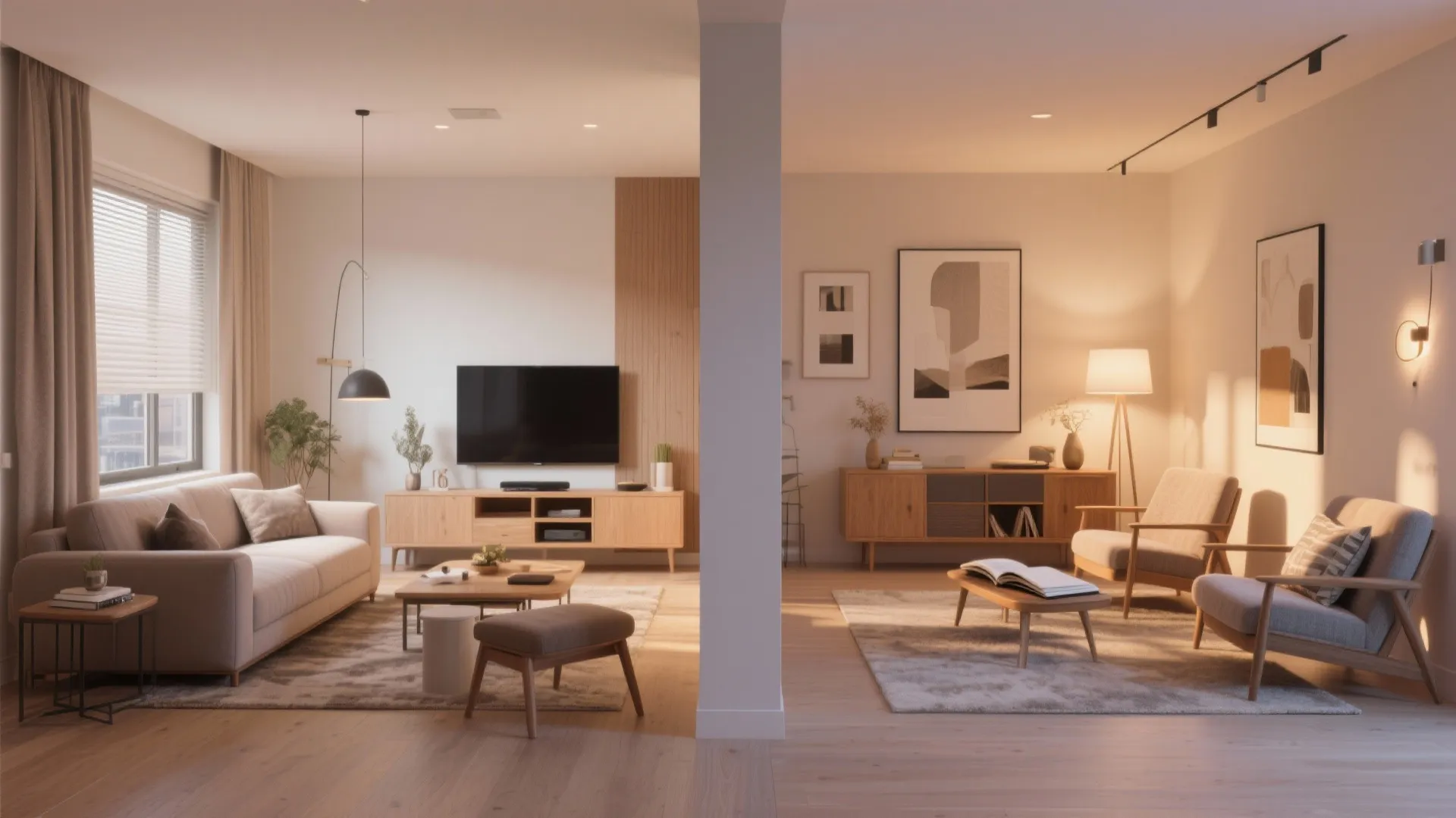 Split room layout featuring a living area with television and a separate cozy reading corner