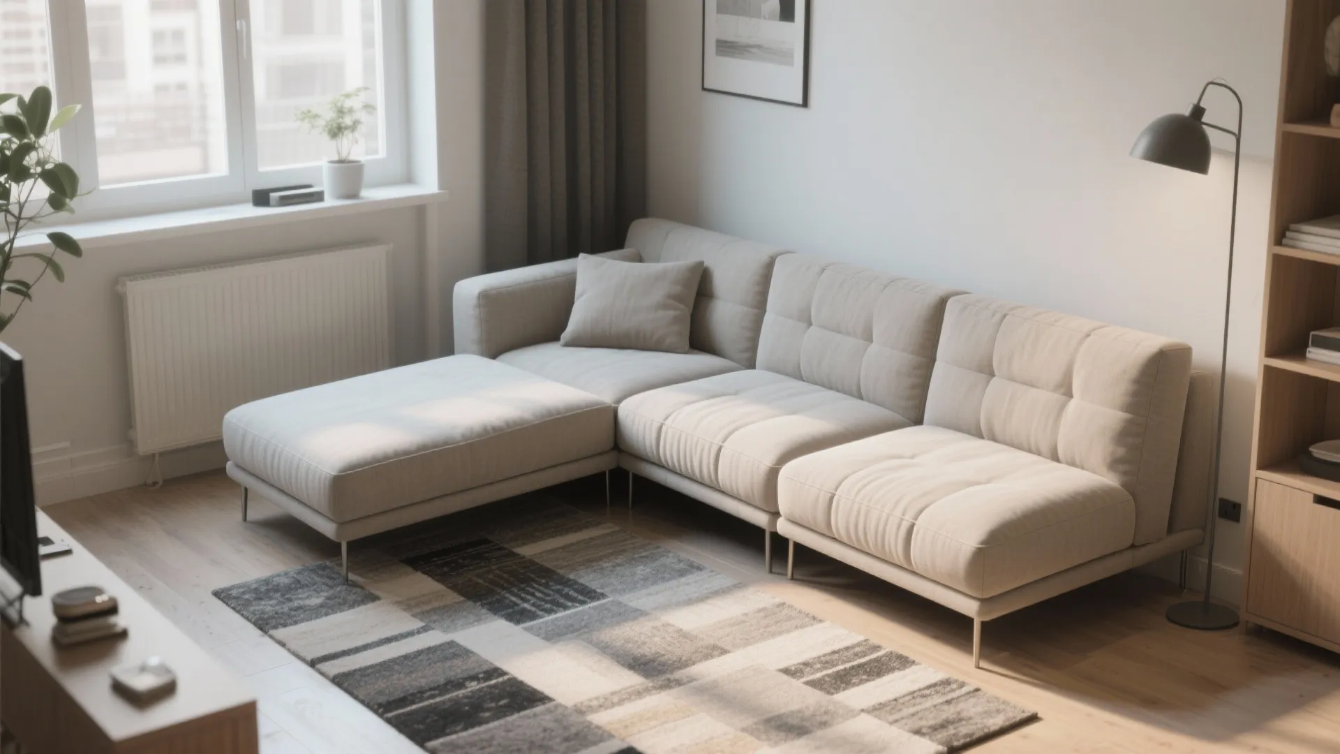 Modern living room with sectional sofa checkered rug black floor lamp and large bright windows