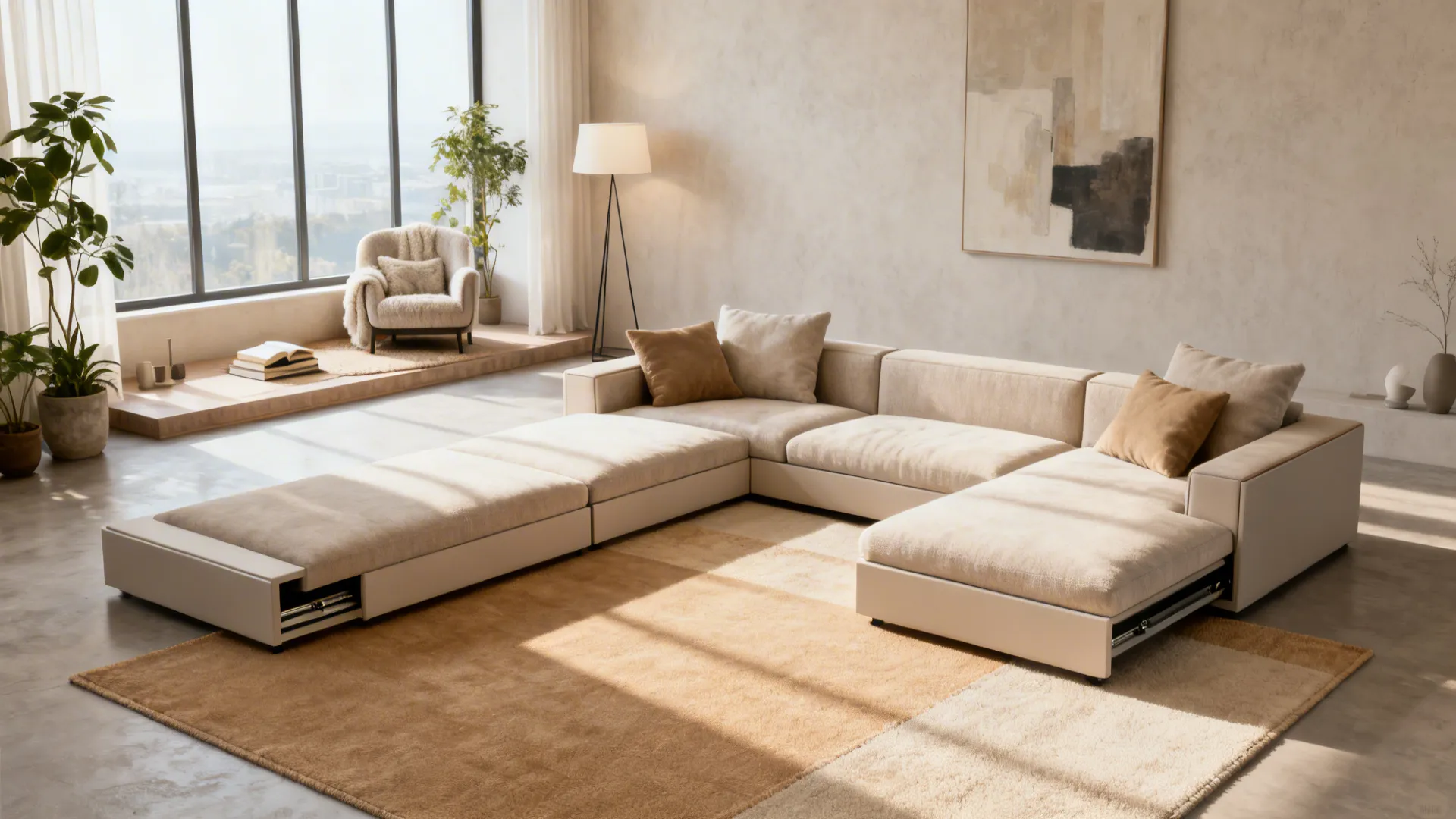 Modular split sectional forming a U-shape with a cozy reading nook by the window