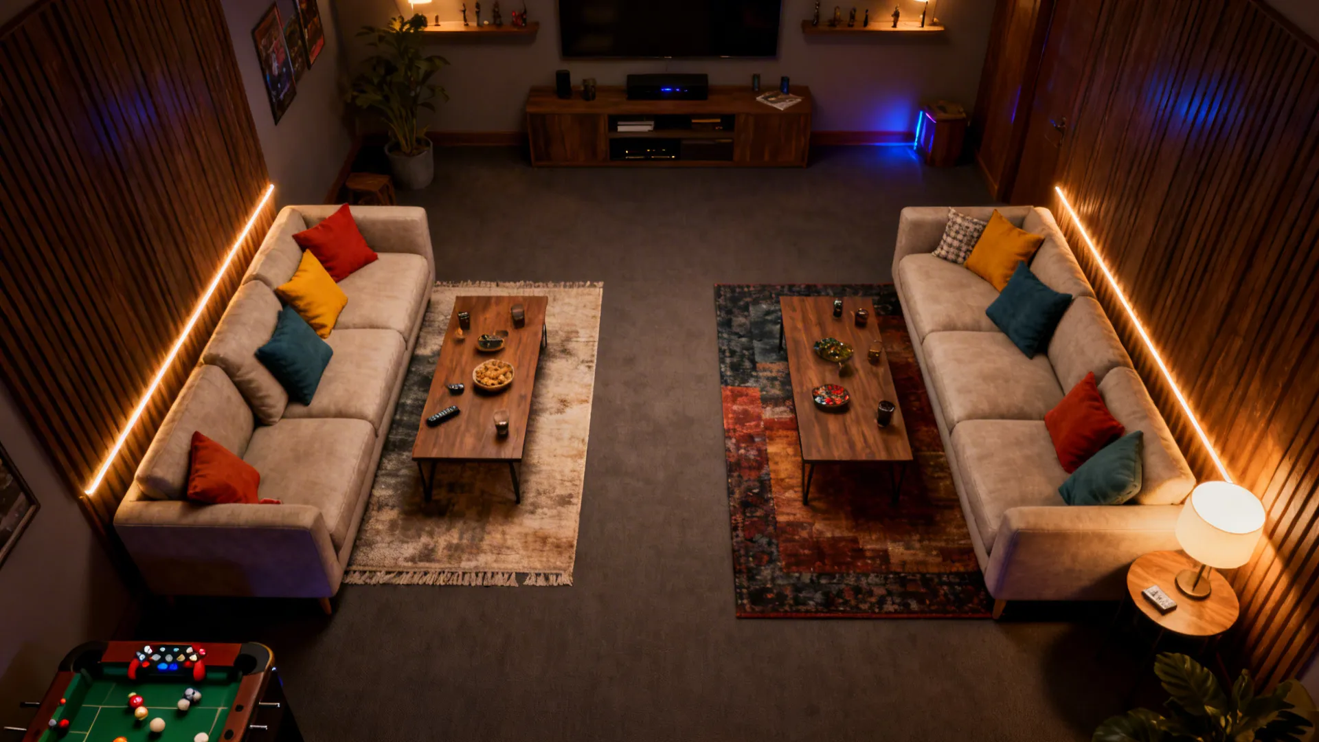 Long living room with two identical sectionals split into facing clusters for conversation zones.