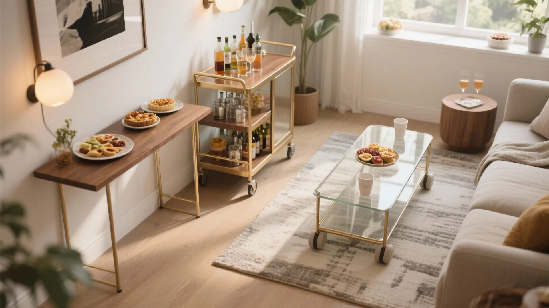 Snack-and-sip stations that don’t clog the room