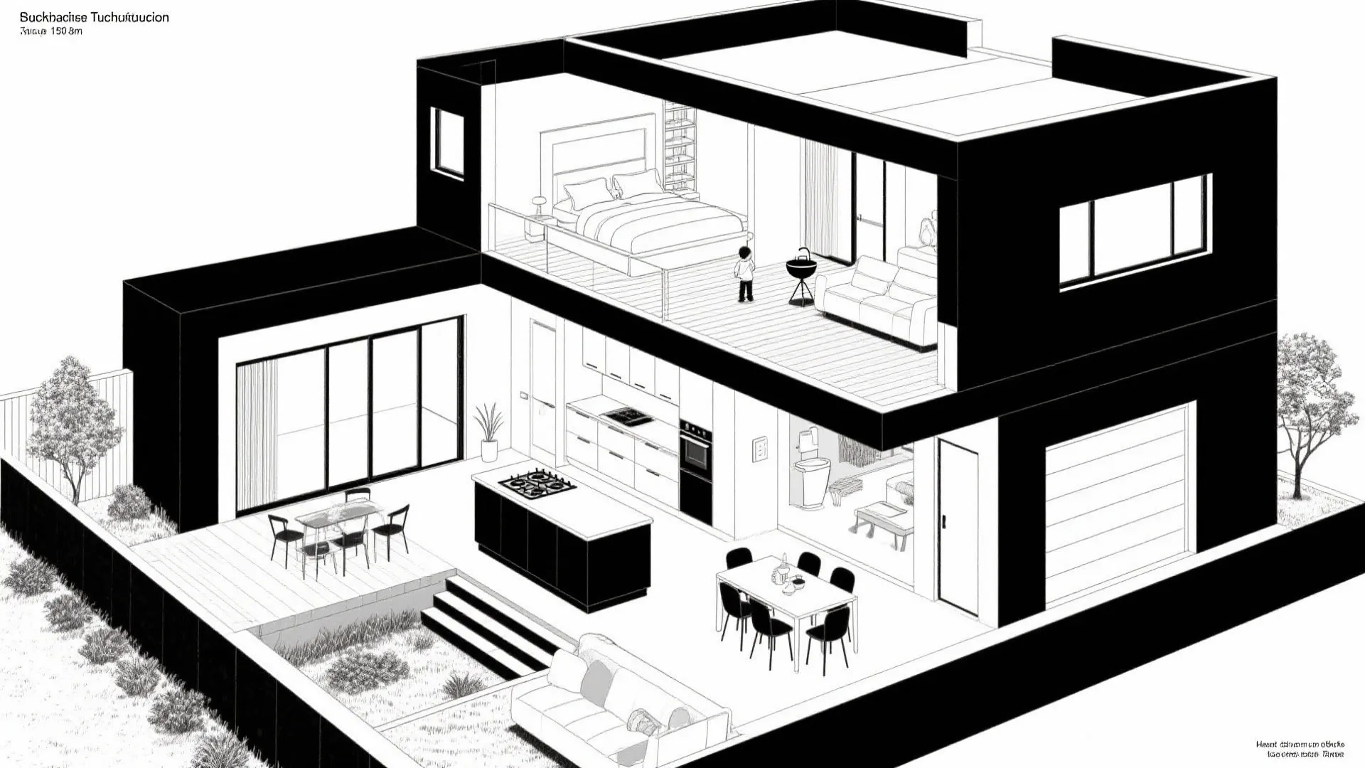 Top-down plan linking kitchen-dining to a split-level terrace loop