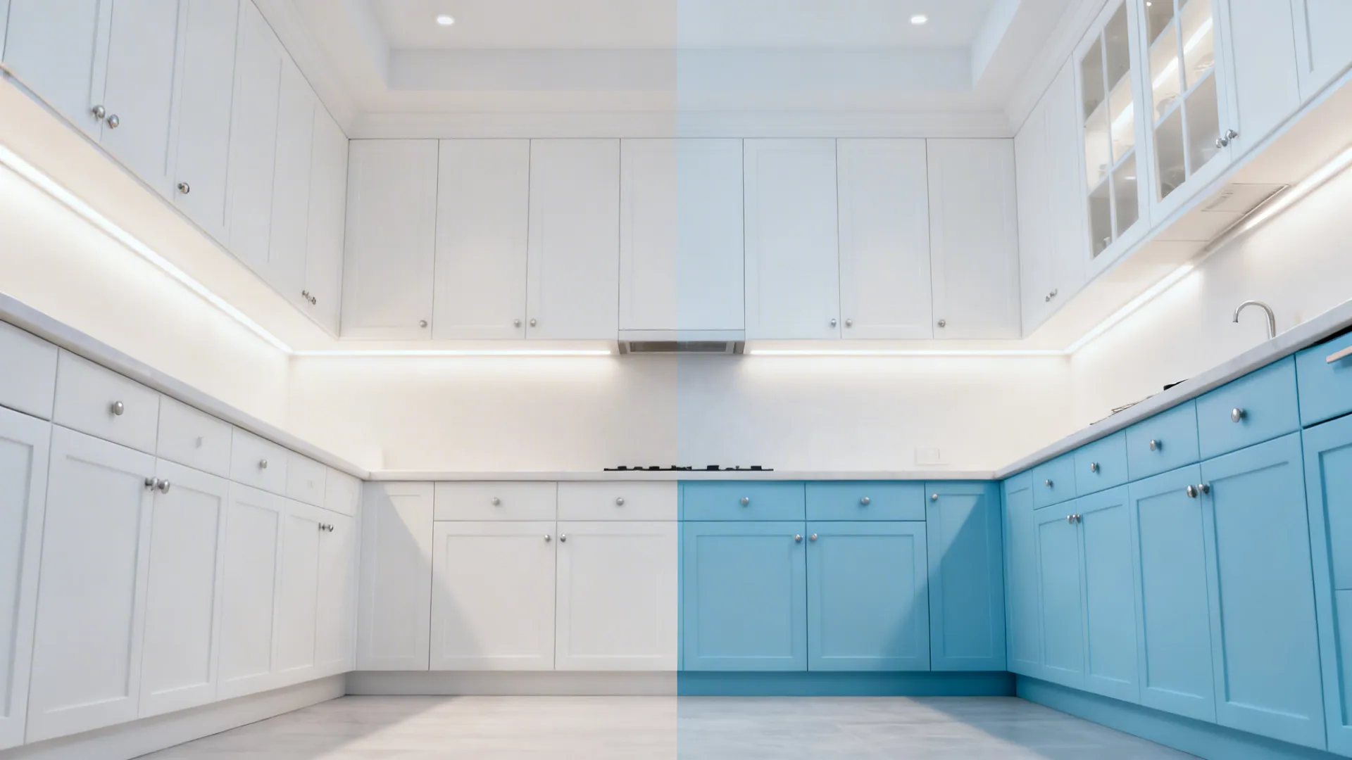 Before-after of a small kitchen updated to sky-blue lowers with white uppers for added height.