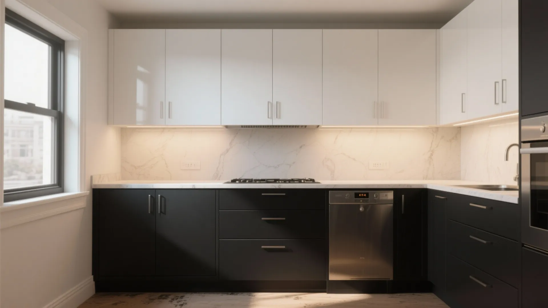 1. Split-tone cabinets: Upper white, lower black