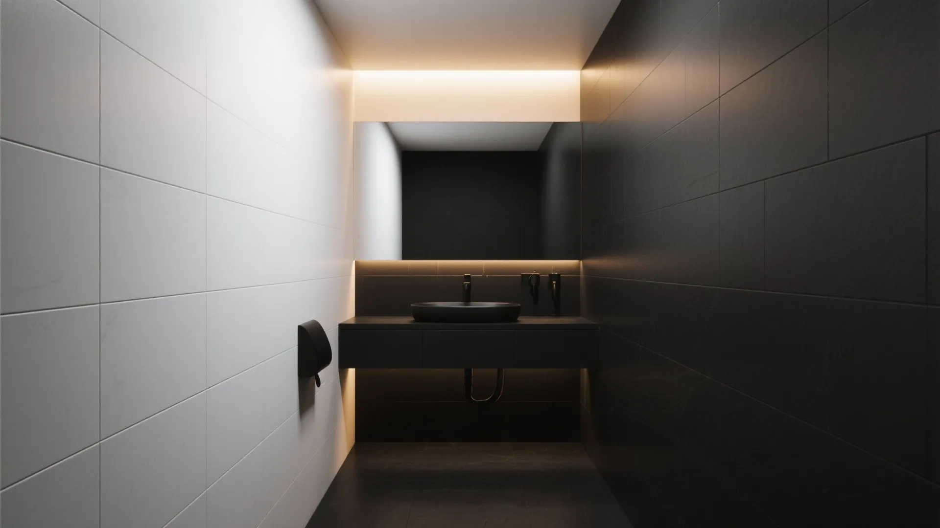 Modern bathroom with black and white wall tiles black sink large mirror and warm lighting