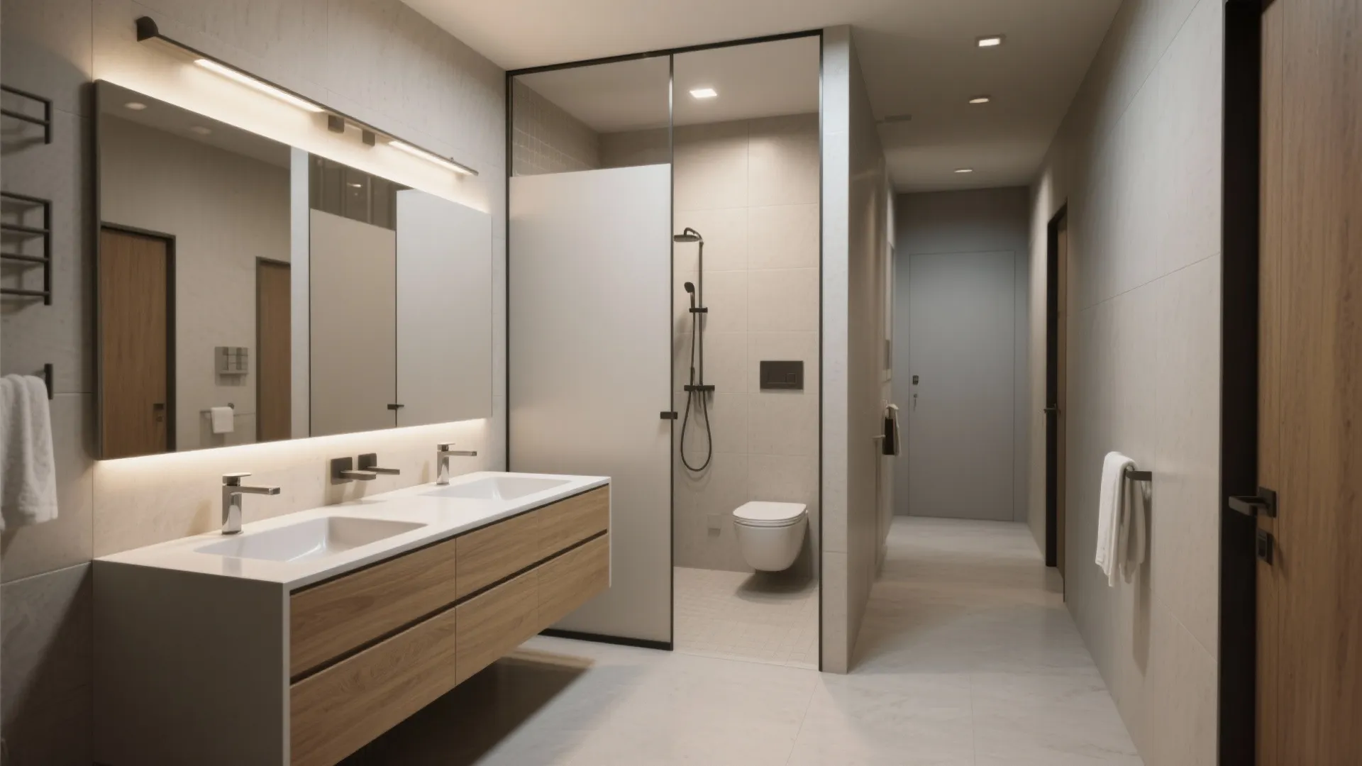 Split vanity outside a compact wet cubicle, showing dressing nook with twin sinks and a separate shower cubicle.