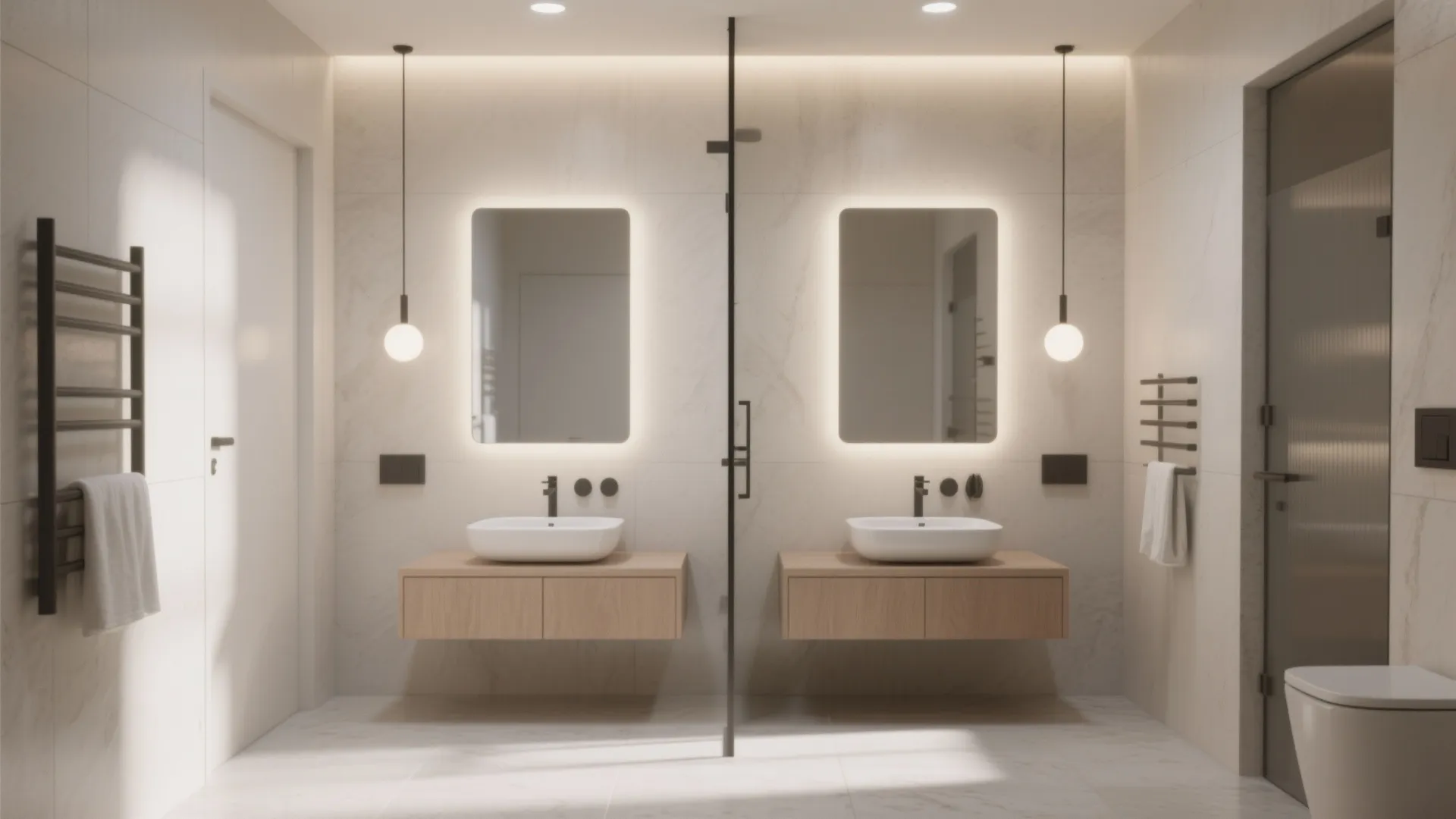 Symmetrical bathroom with two separate sinks lighted mirrors hanging ceiling lights and white marble walls