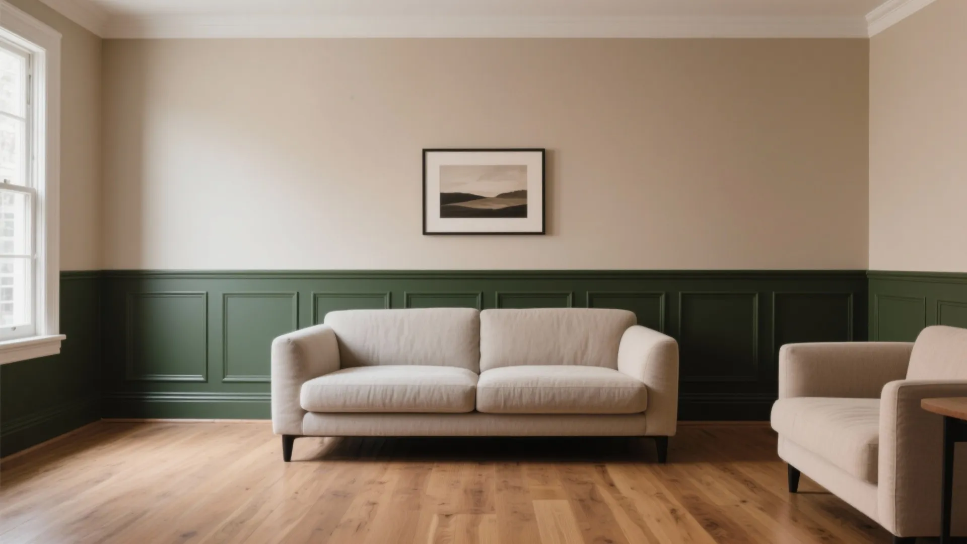 Modern living room featuring beige sofa and green wall panel with wooden floor and natural light
