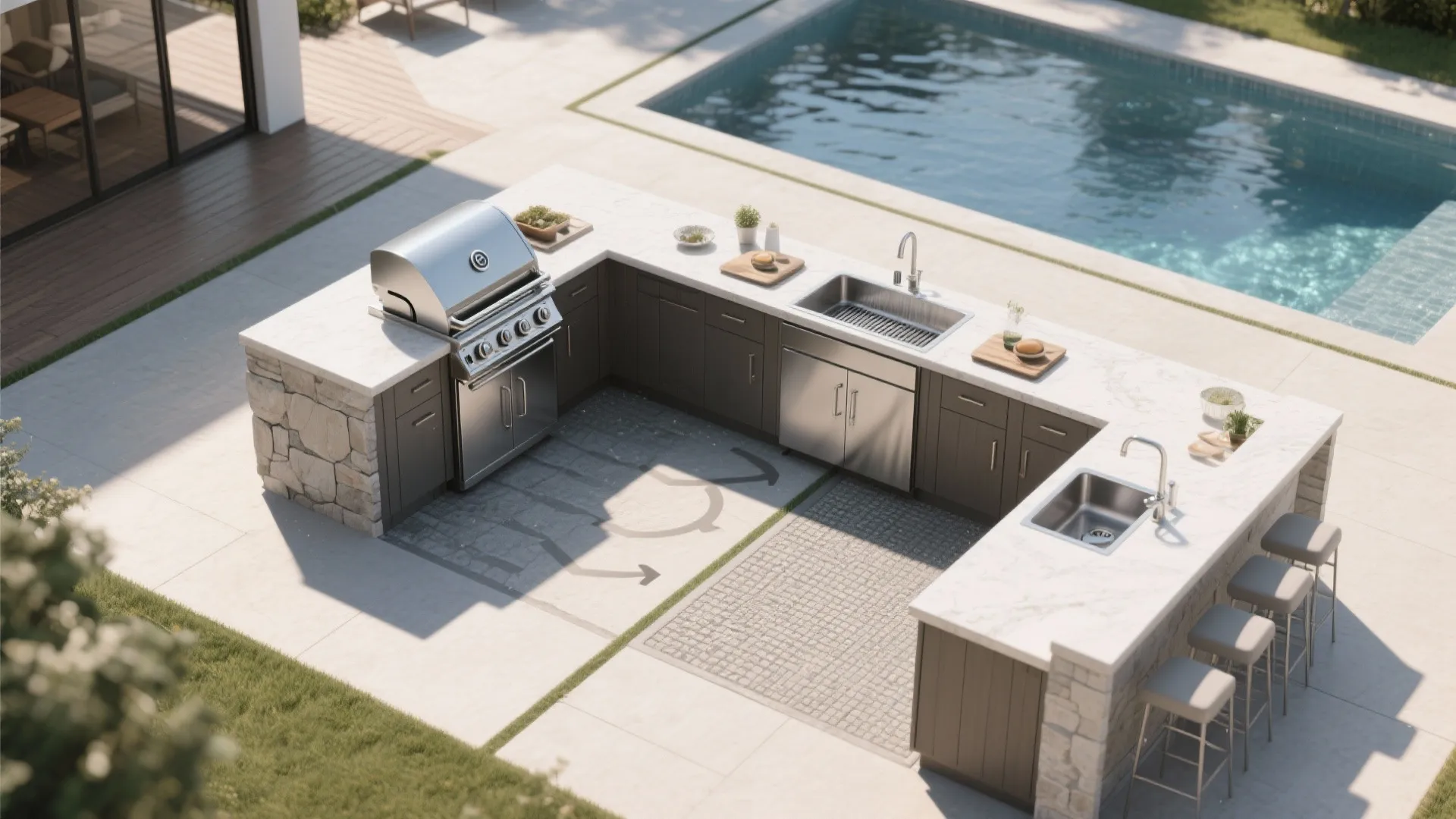 Modern outdoor kitchen with grill and sink next to a swimming pool on sunny day