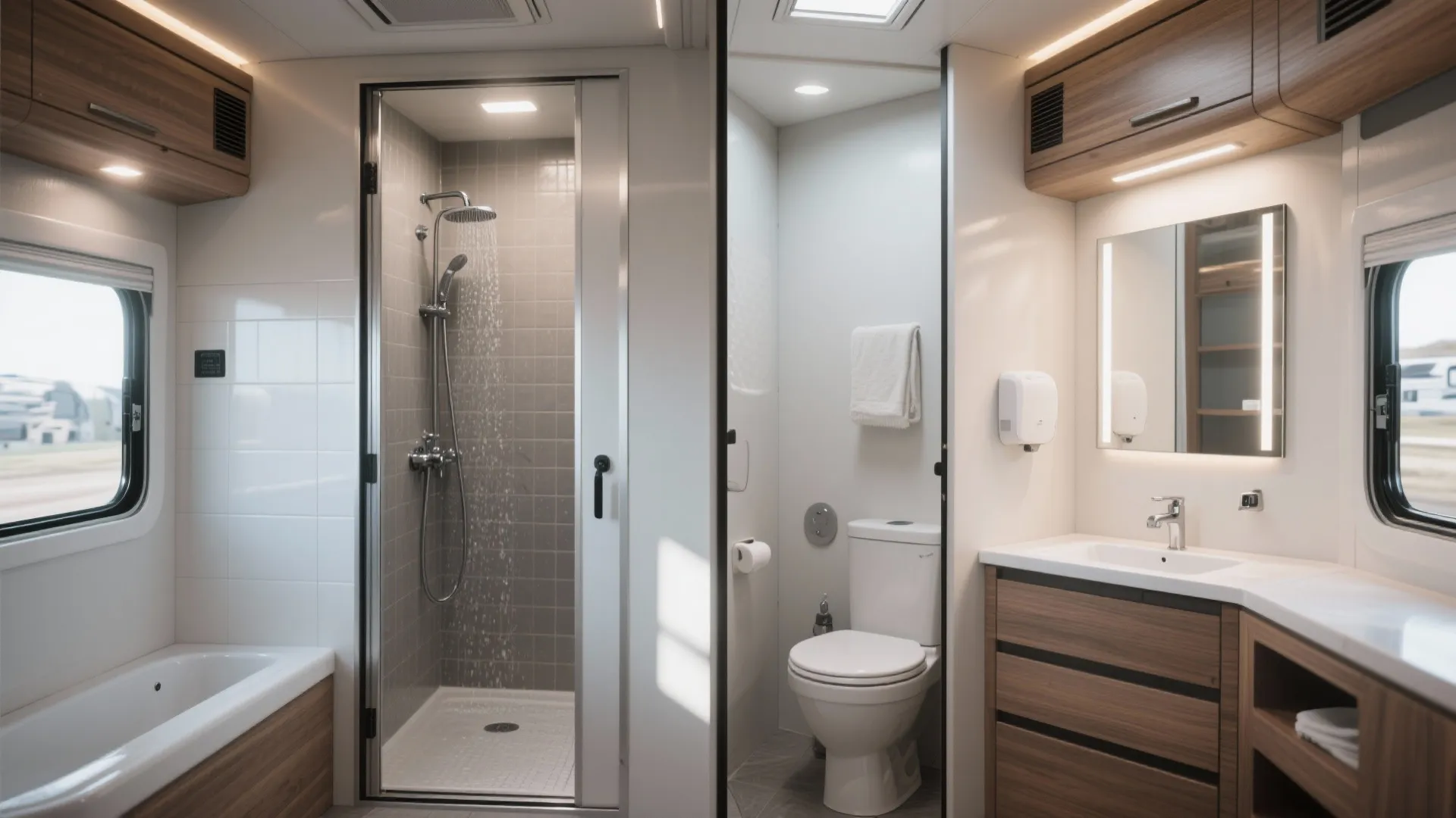 RV bathroom split into a wet shower compartment and a separate vanity and toilet dry zone.
