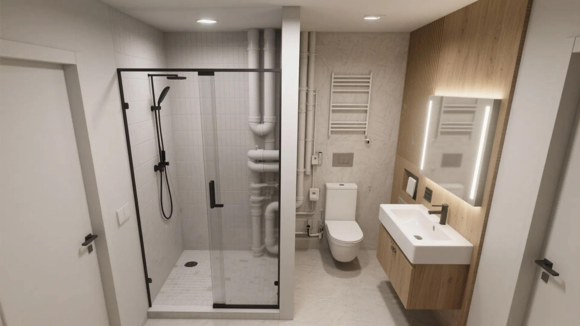 Compact bathroom with separate shower wet zone and dry toilet/sink area, showing stacked plumbing wall.