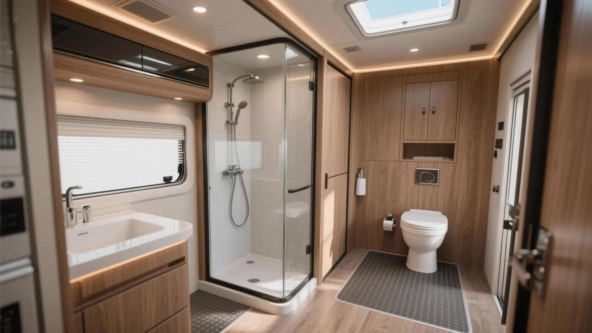 RV interior showing separate wet shower compartment and dry toilet/sink compartment for simultaneous use