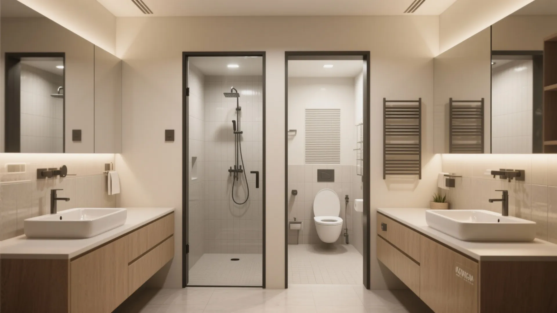 1. Split-Function Layout with Shared Wet Zone