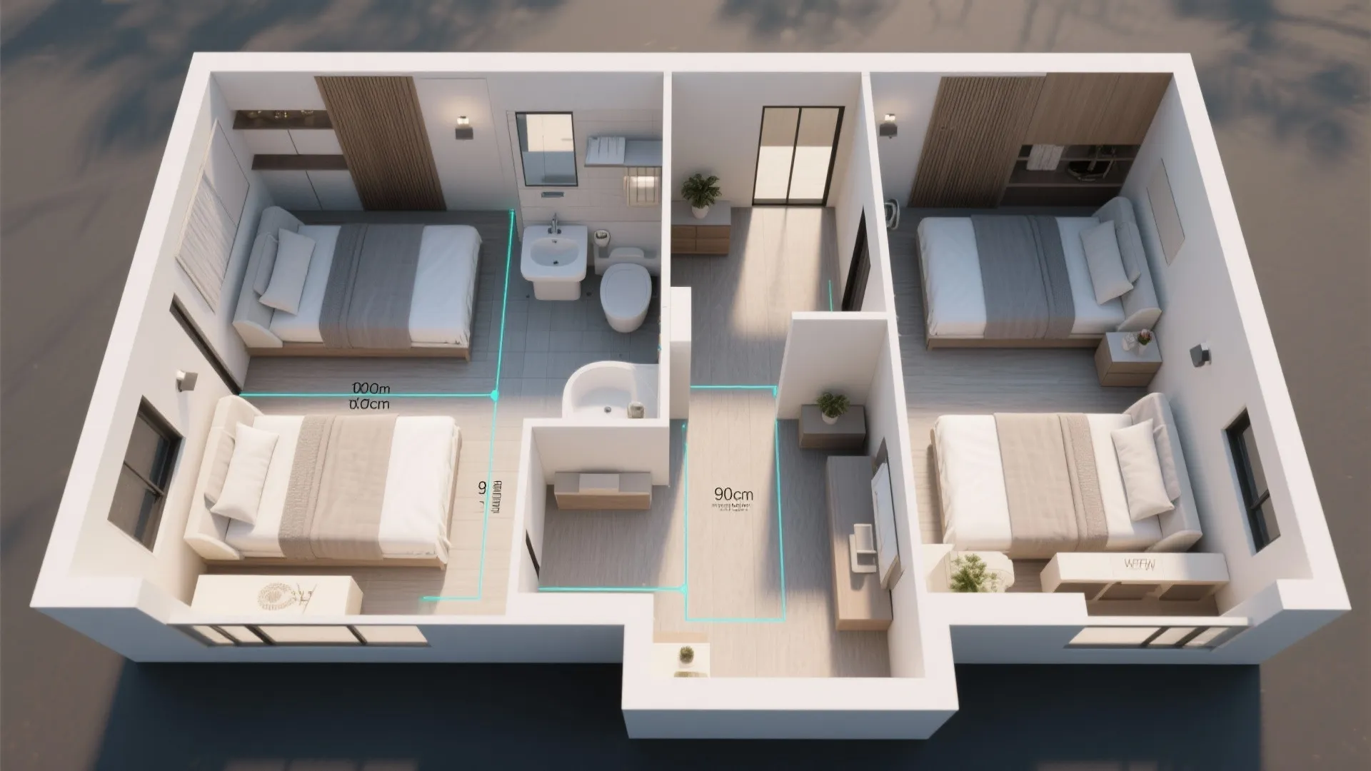 Top-down concept plan showing split private and social wings with circulation paths for a 4-bedroom layout.