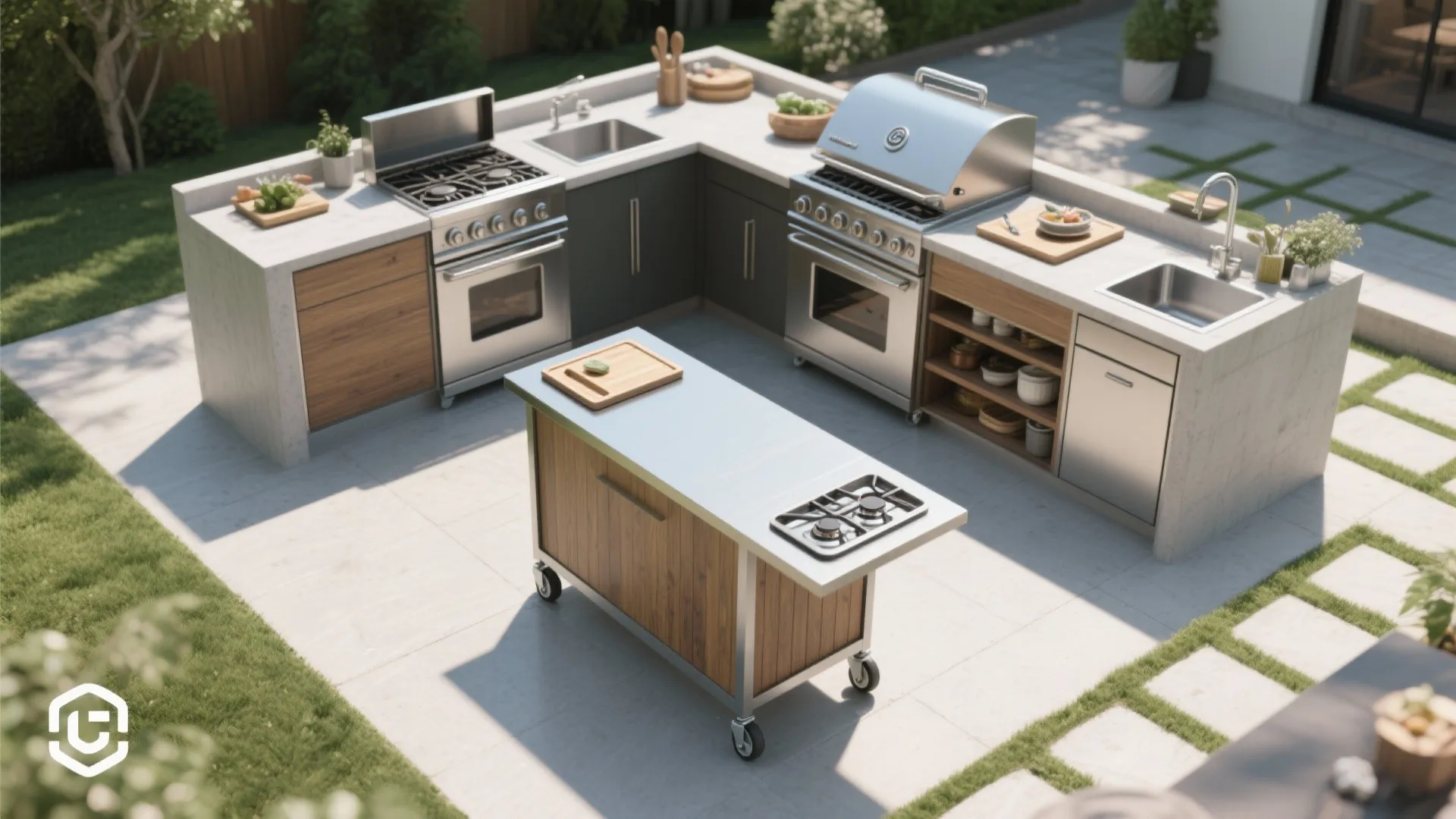 Modern outdoor kitchen area with metal grill sink storage cabinets and a small mobile island