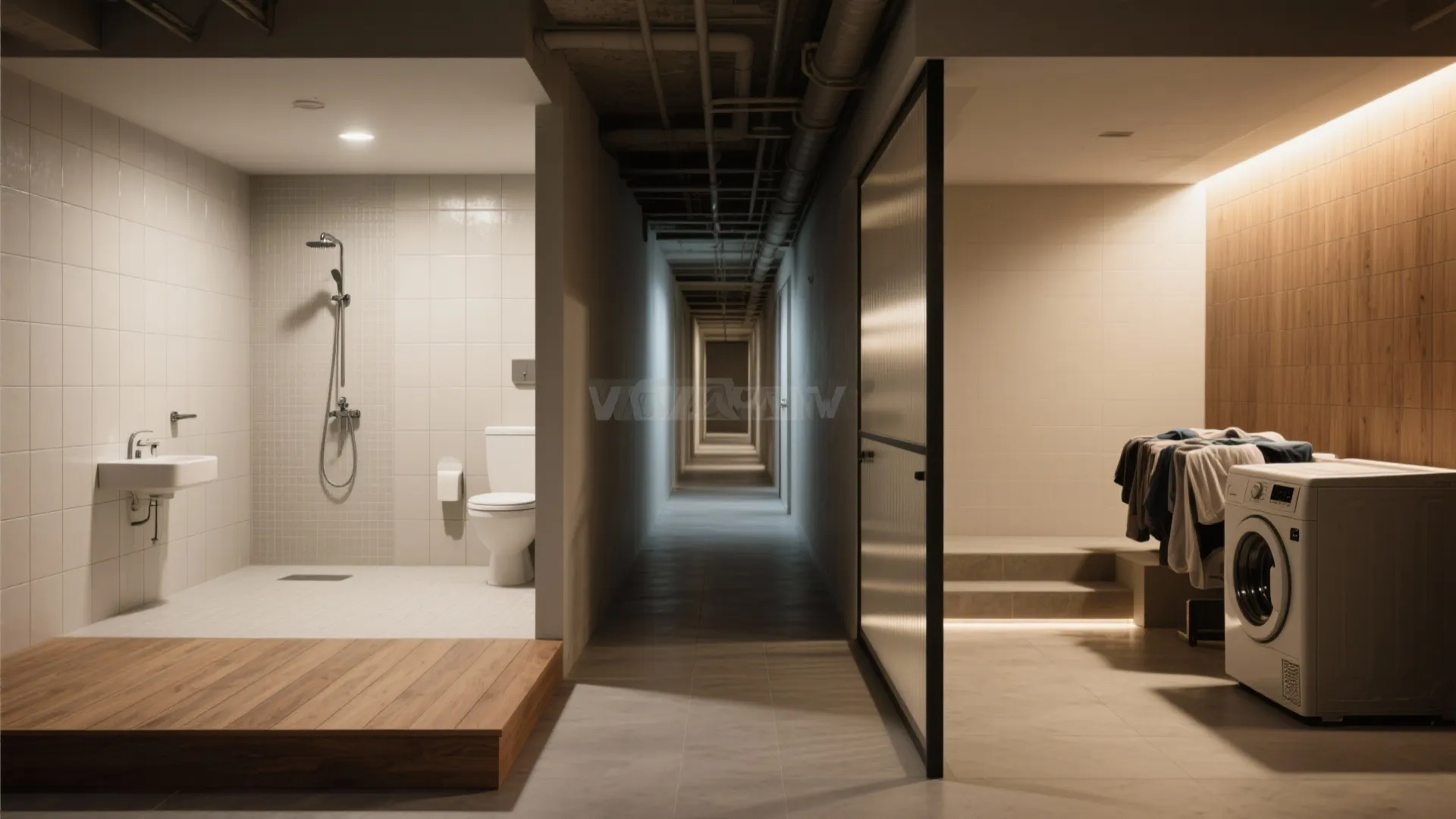 Large room layout showing a bathroom and laundry area separated by a long dark central hallway